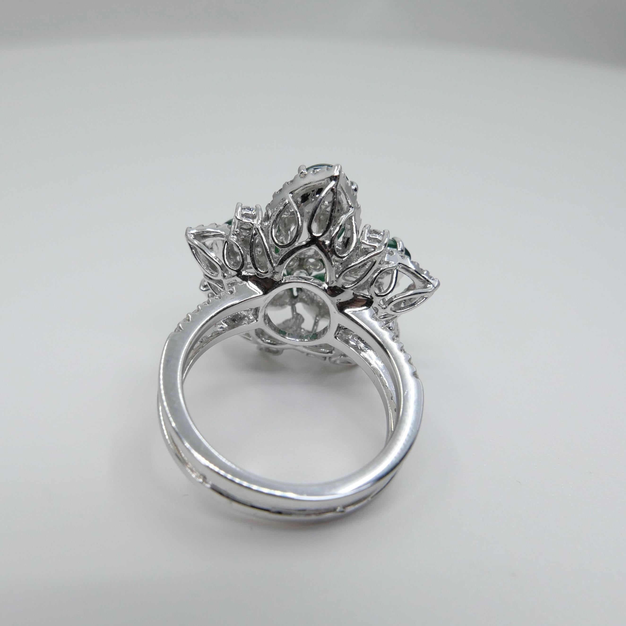 Certified Natural Jade Cluster & Diamond Cocktail Ring. Glowing Imperial Green. 7