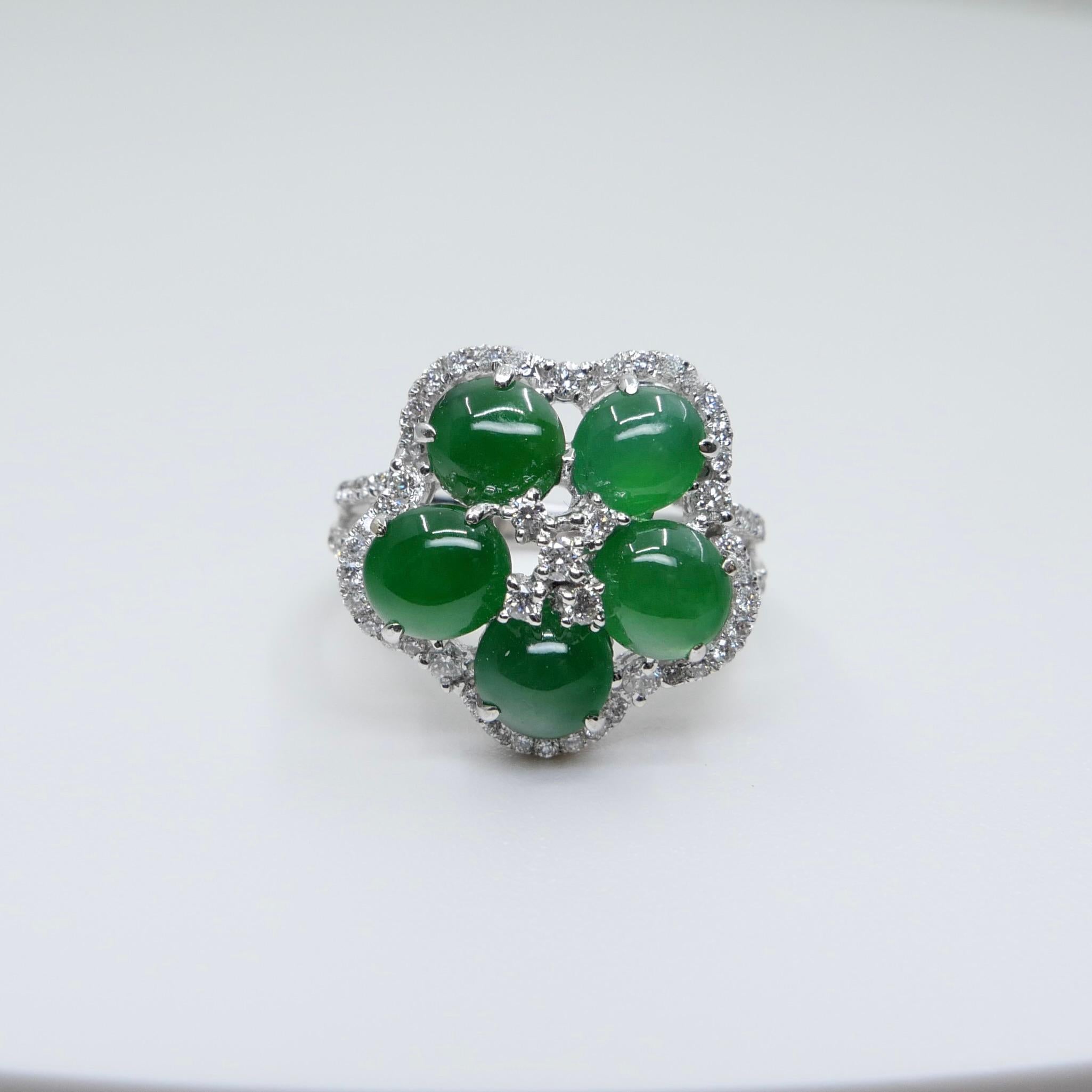 Certified Natural Jade Cluster & Diamond Cocktail Ring. Glowing Imperial Green. For Sale 8