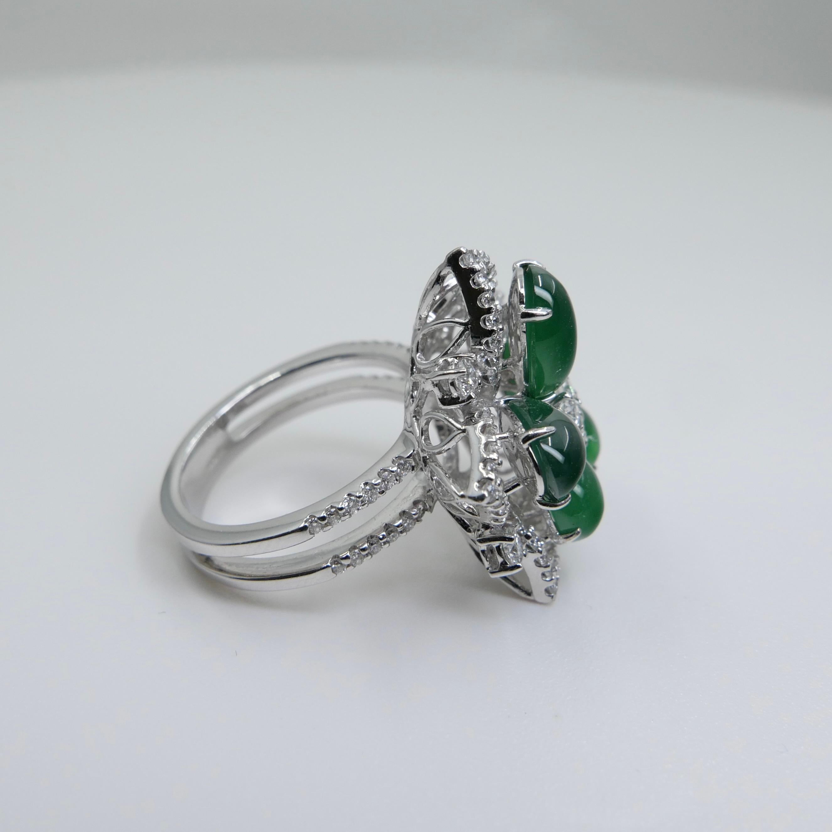 Certified Natural Jade Cluster & Diamond Cocktail Ring. Glowing Imperial Green. 8
