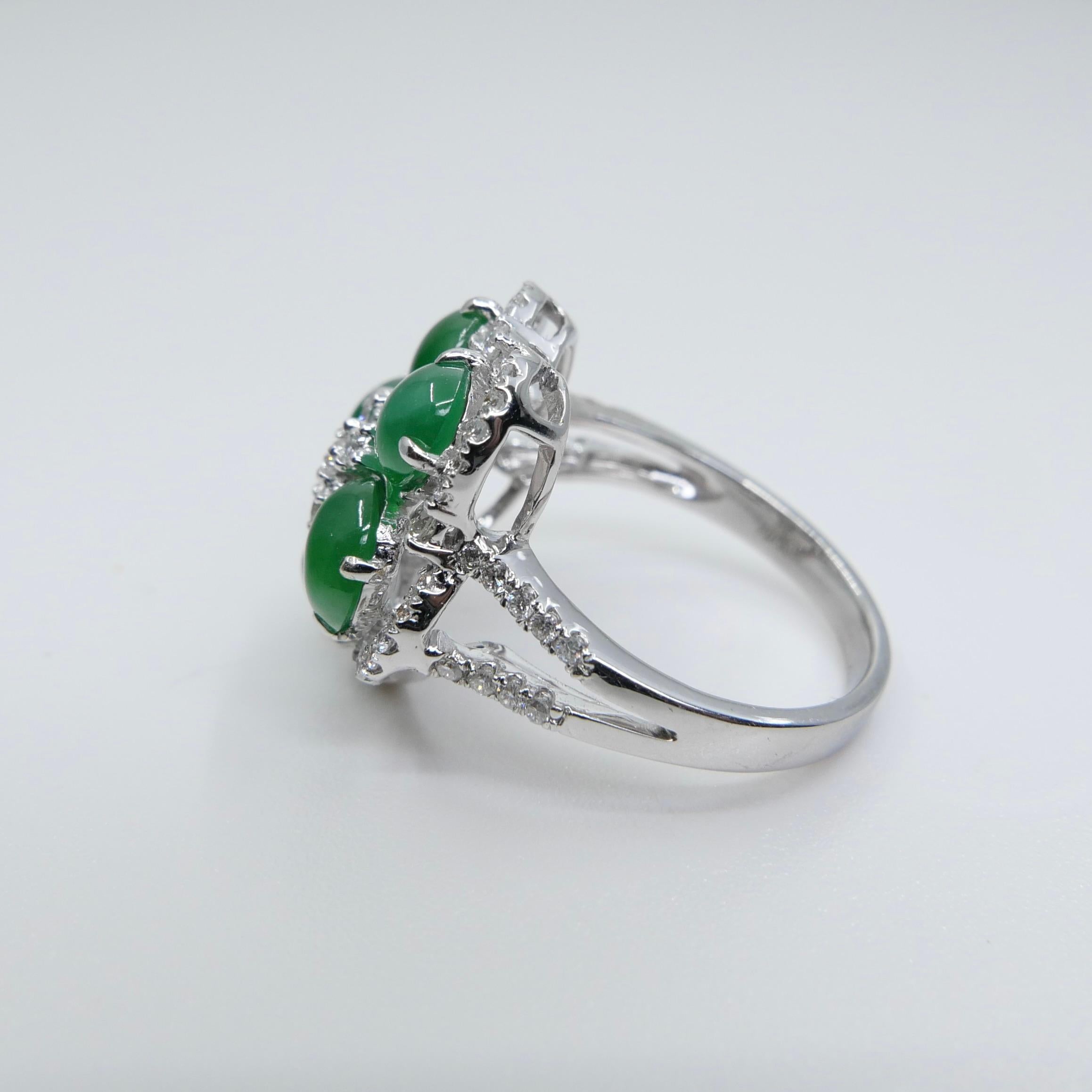 Certified Natural Jade Cluster & Diamond Cocktail Ring. Glowing Imperial Green. For Sale 9