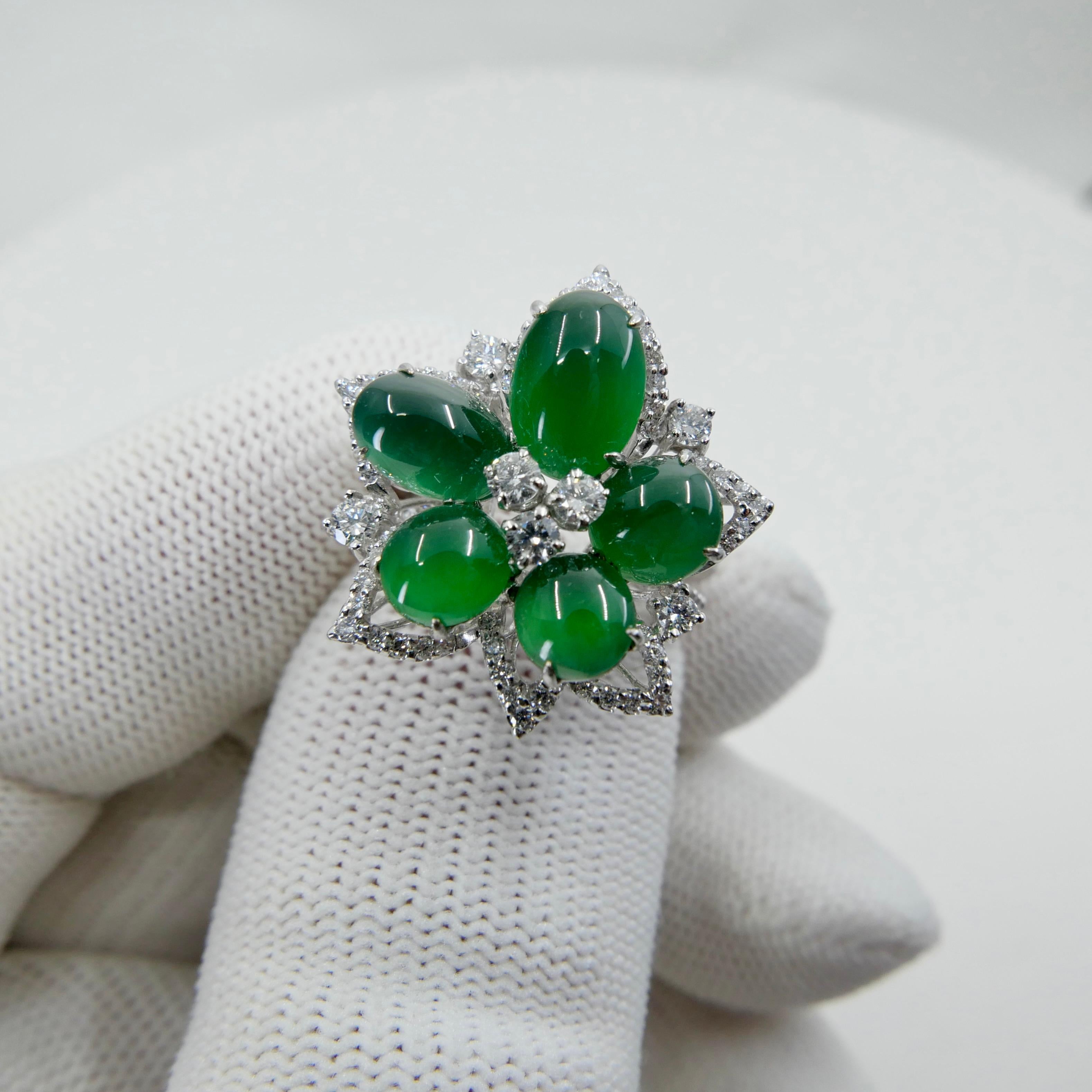Certified Natural Jade Cluster & Diamond Cocktail Ring. Glowing Imperial Green. 9