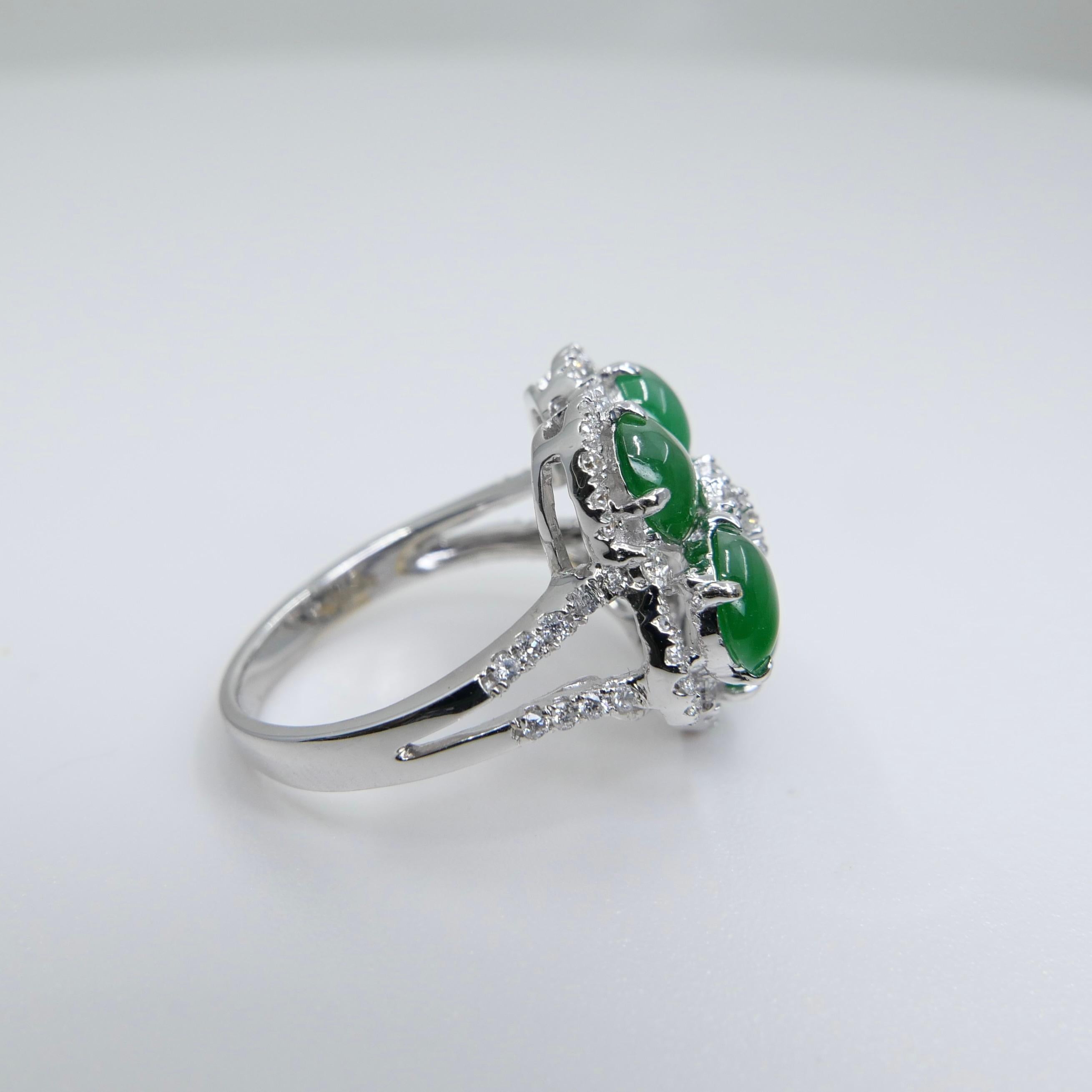 Certified Natural Jade Cluster & Diamond Cocktail Ring. Glowing Imperial Green. For Sale 11