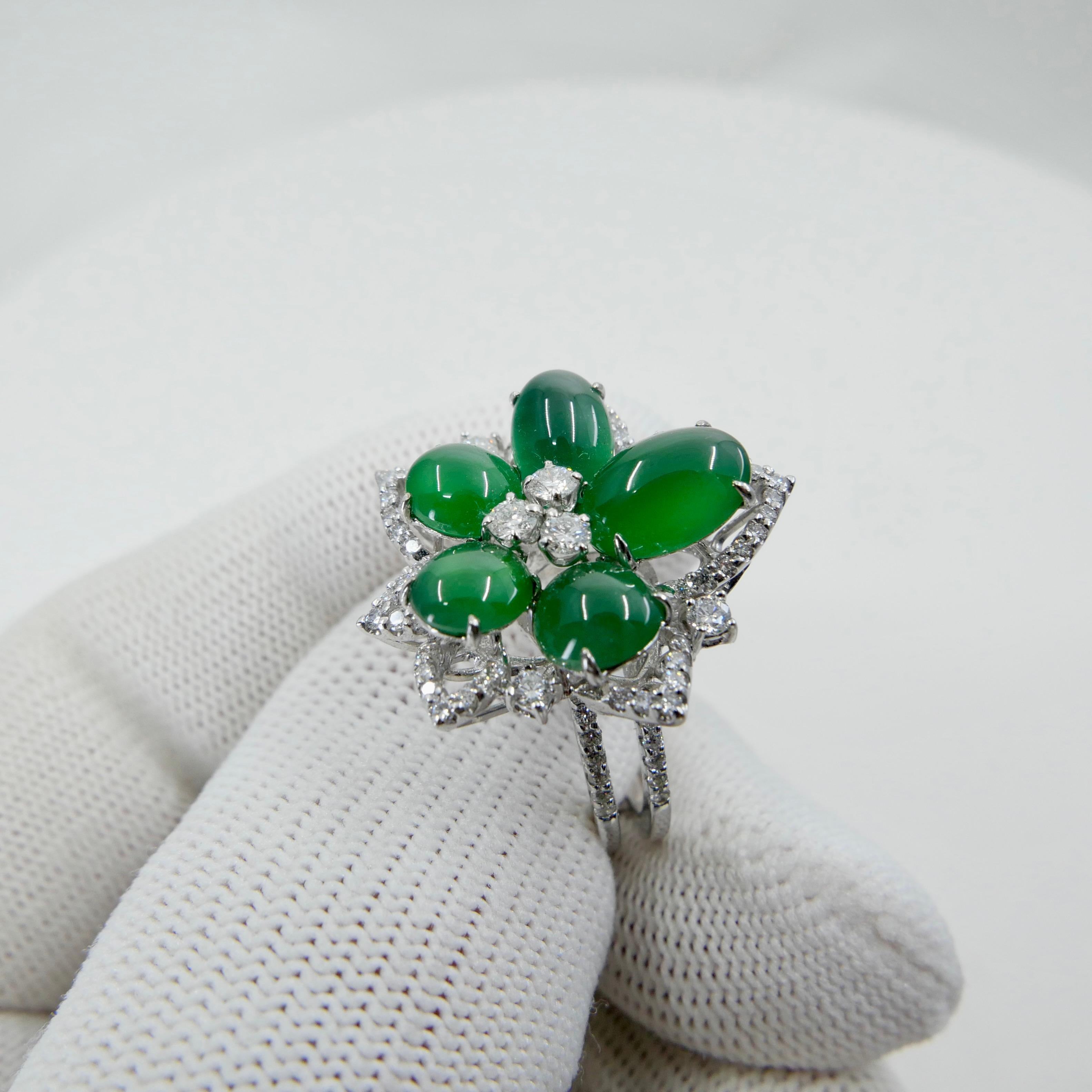Certified Natural Jade Cluster & Diamond Cocktail Ring. Glowing Imperial Green. 10