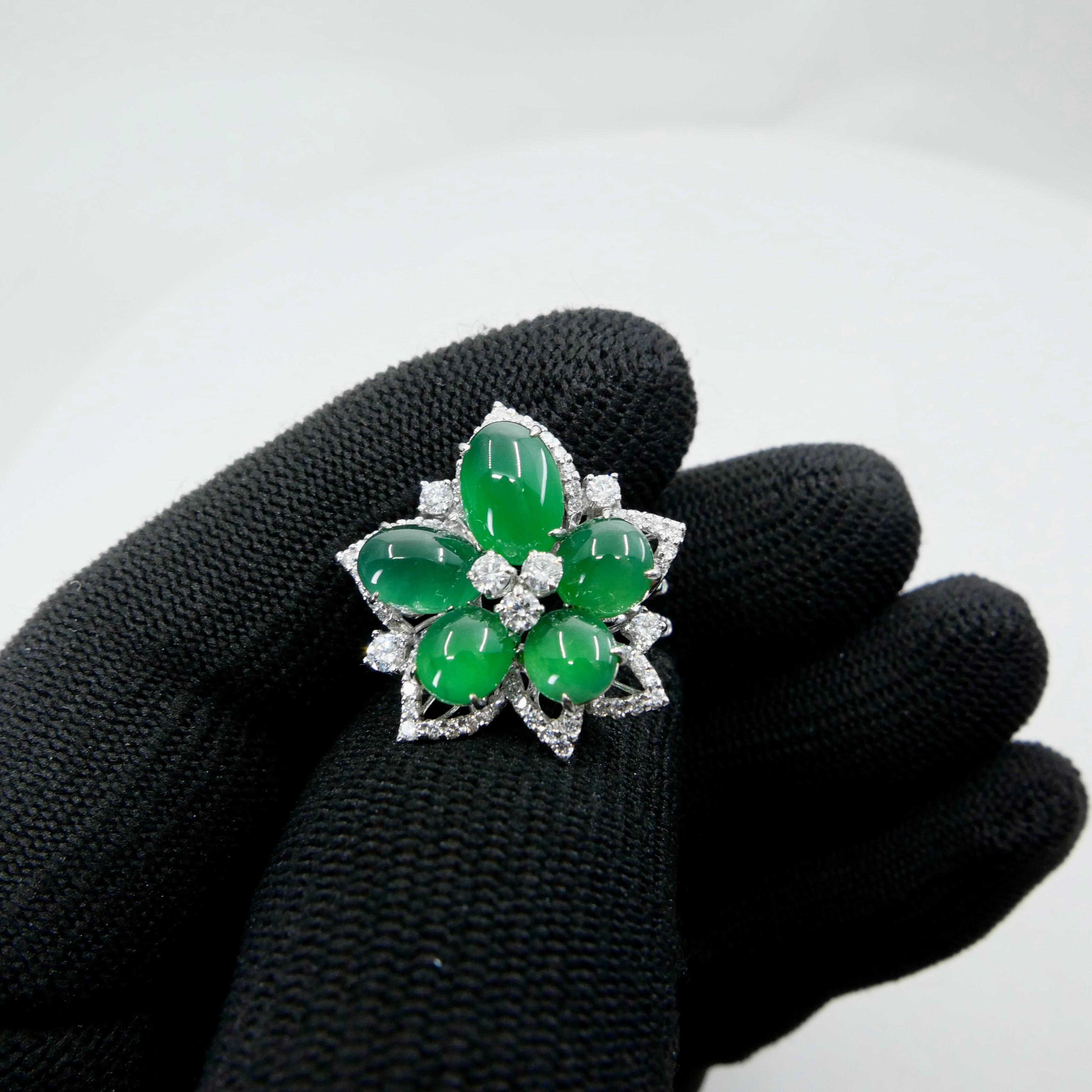 Certified Natural Jade Cluster & Diamond Cocktail Ring. Glowing Imperial Green. 11