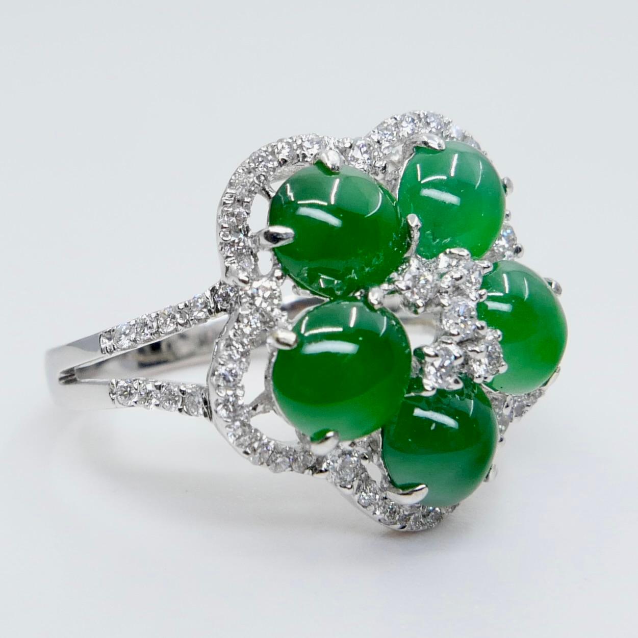 Certified Natural Jade Cluster & Diamond Cocktail Ring. Glowing Imperial Green. For Sale 1