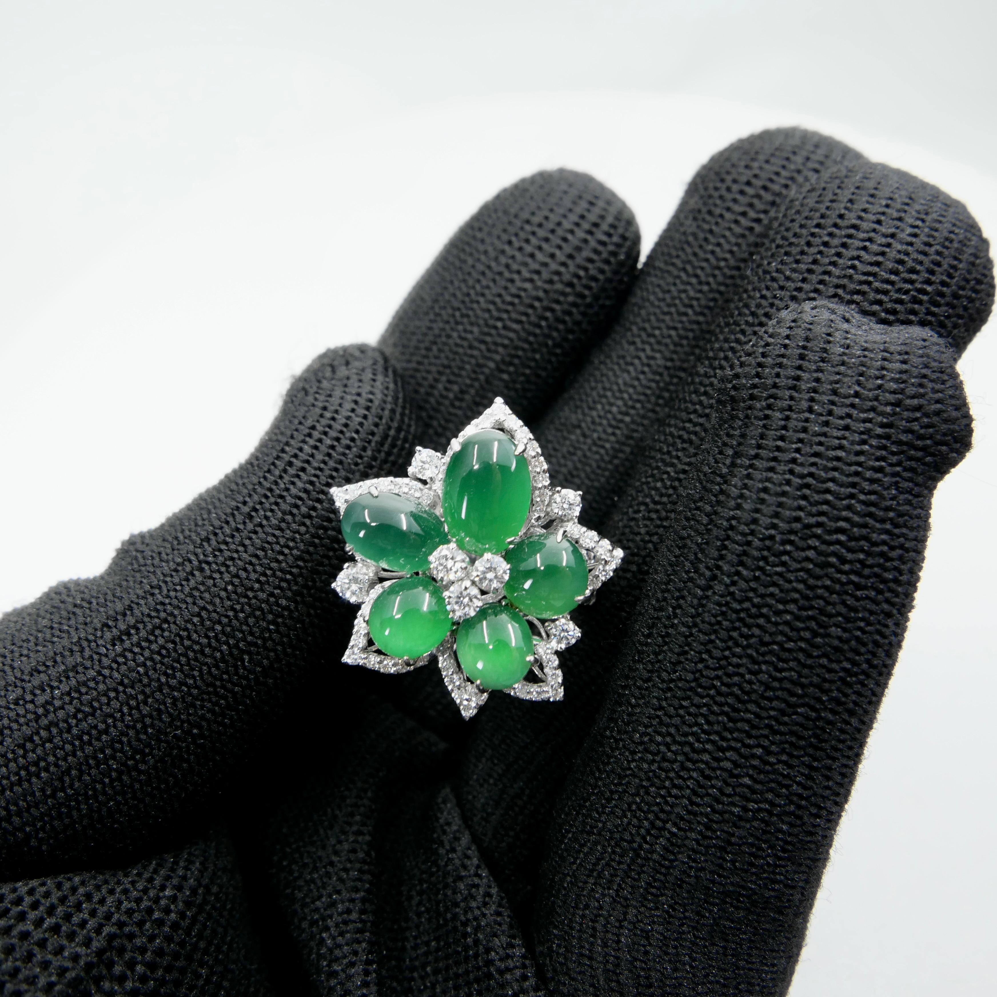 Certified Natural Jade Cluster & Diamond Cocktail Ring. Glowing Imperial Green. 12