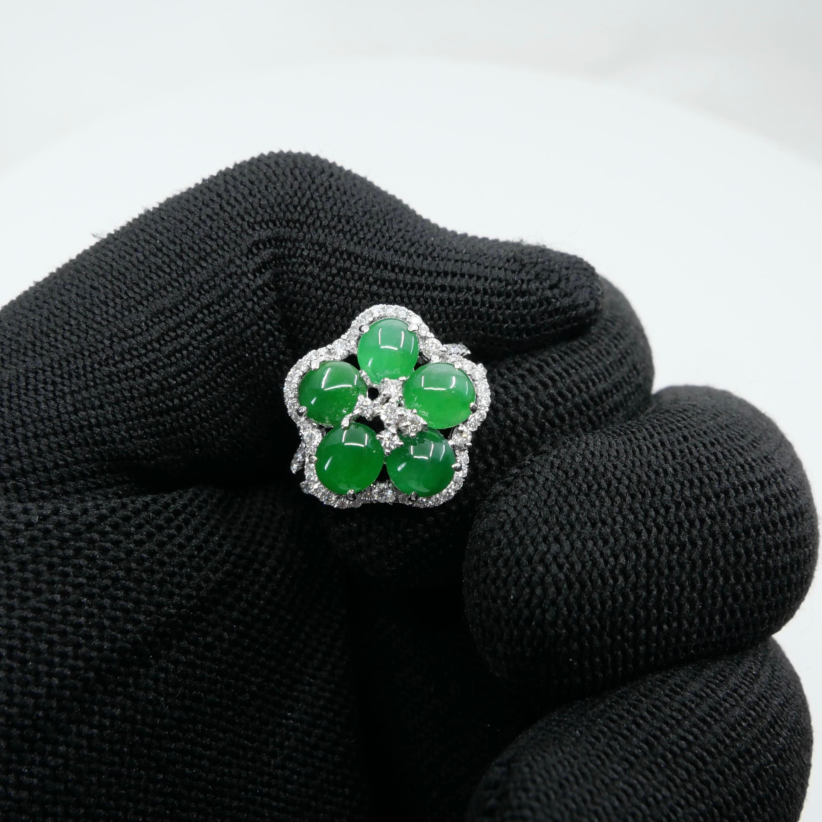 Certified Natural Jade Cluster & Diamond Cocktail Ring. Glowing Imperial Green. For Sale 12