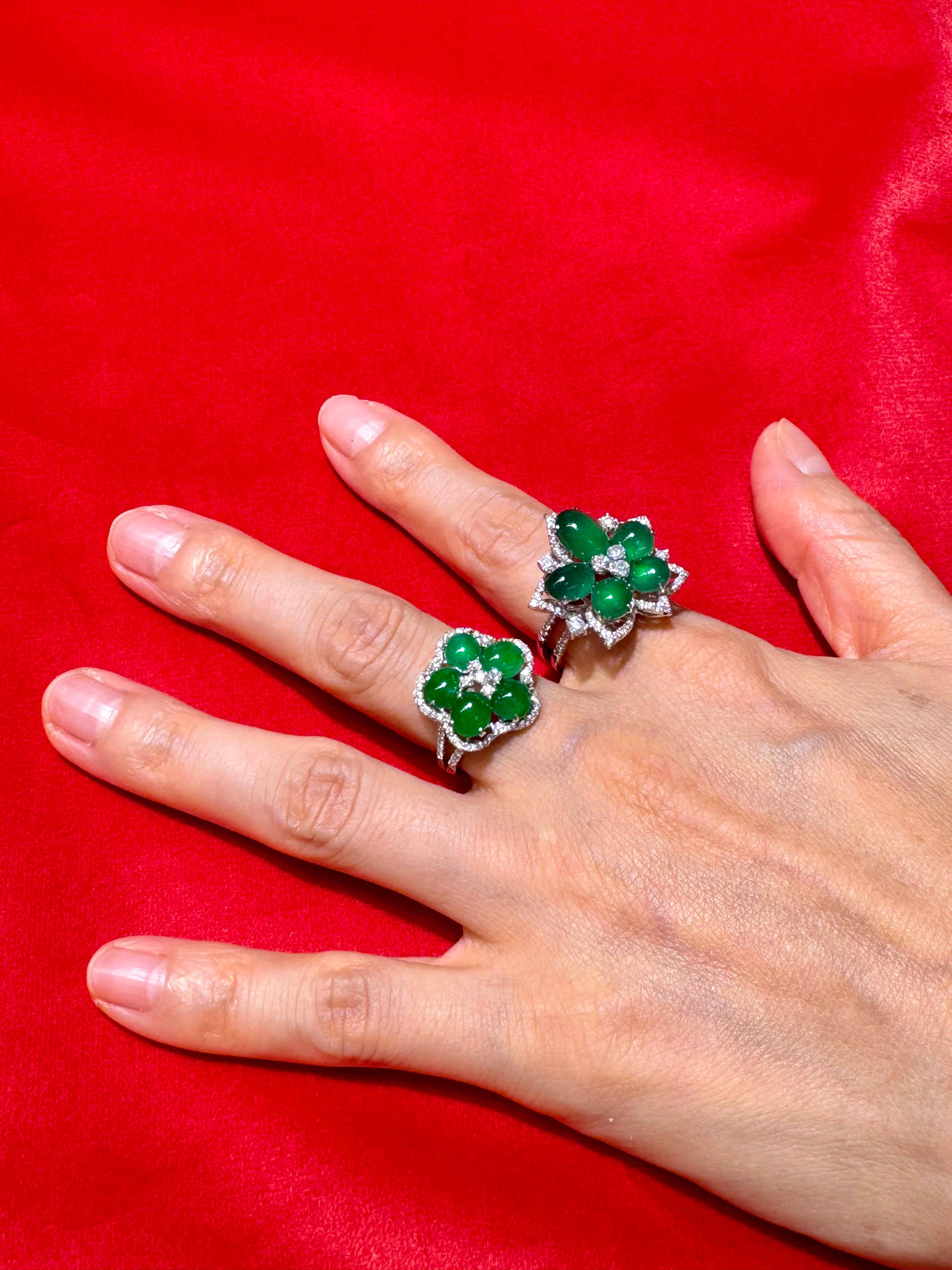 Certified Natural Jade Cluster & Diamond Cocktail Ring. Glowing Imperial Green. 14
