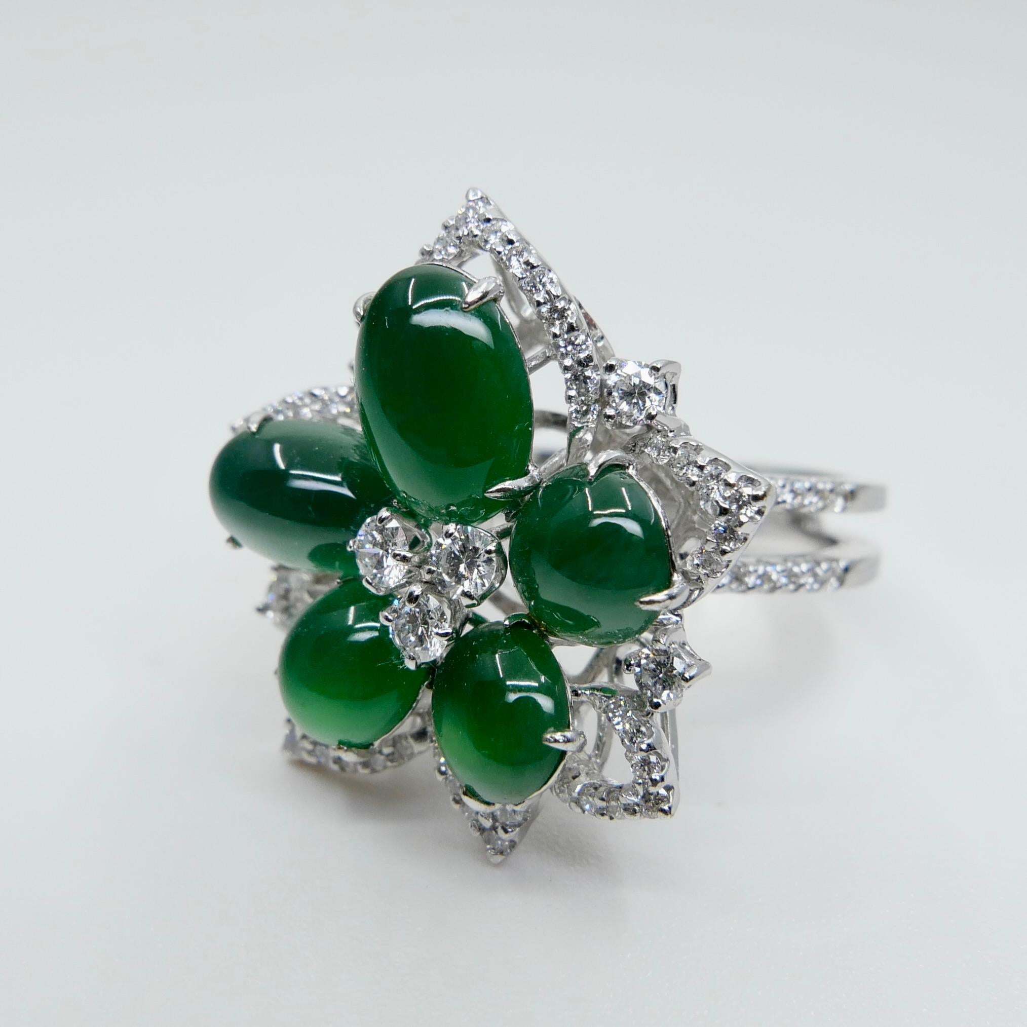 Cabochon Certified Natural Jade Cluster & Diamond Cocktail Ring. Glowing Imperial Green.