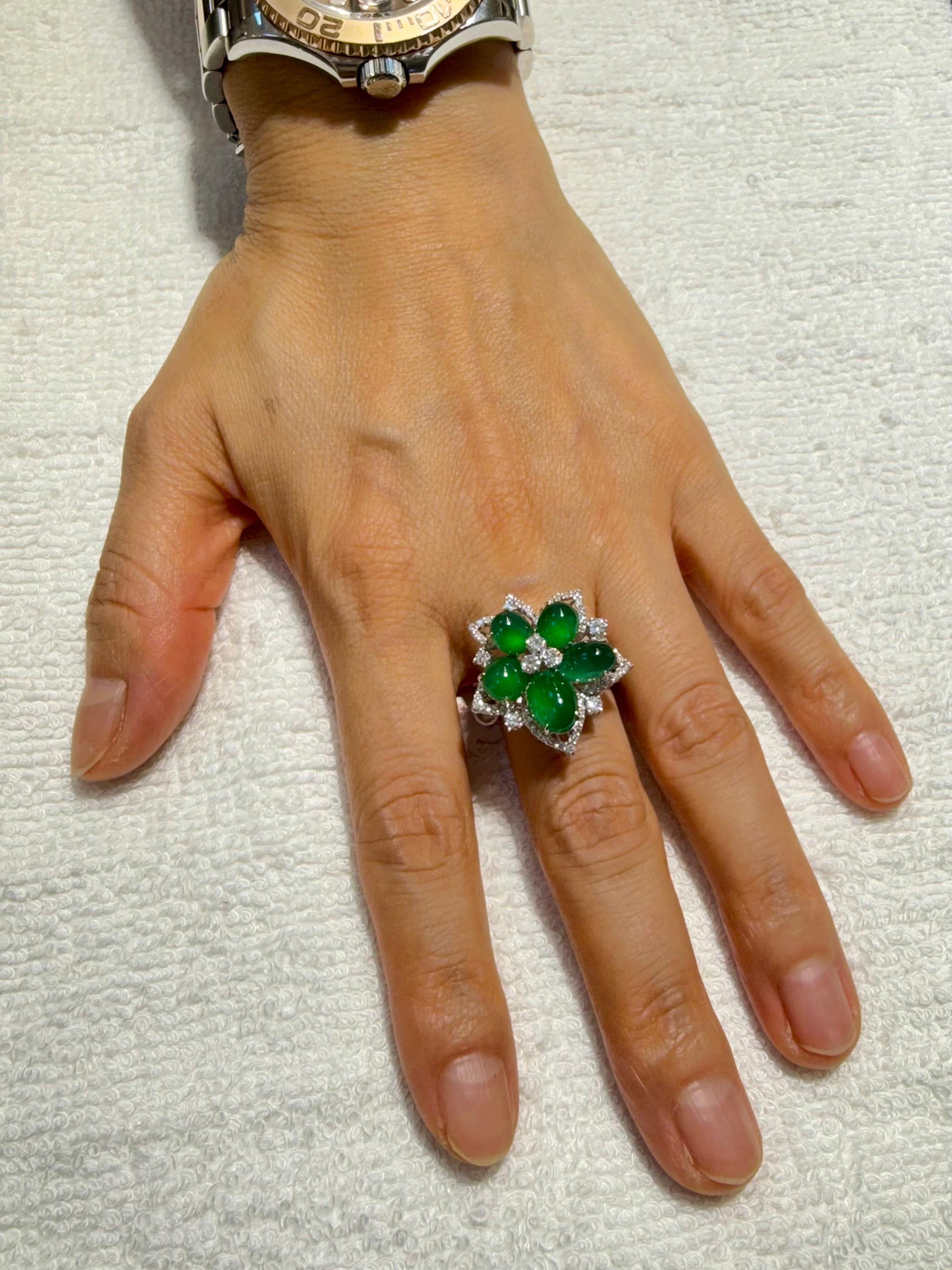 Certified Natural Jade Cluster & Diamond Cocktail Ring. Glowing Imperial Green. In New Condition In Hong Kong, HK