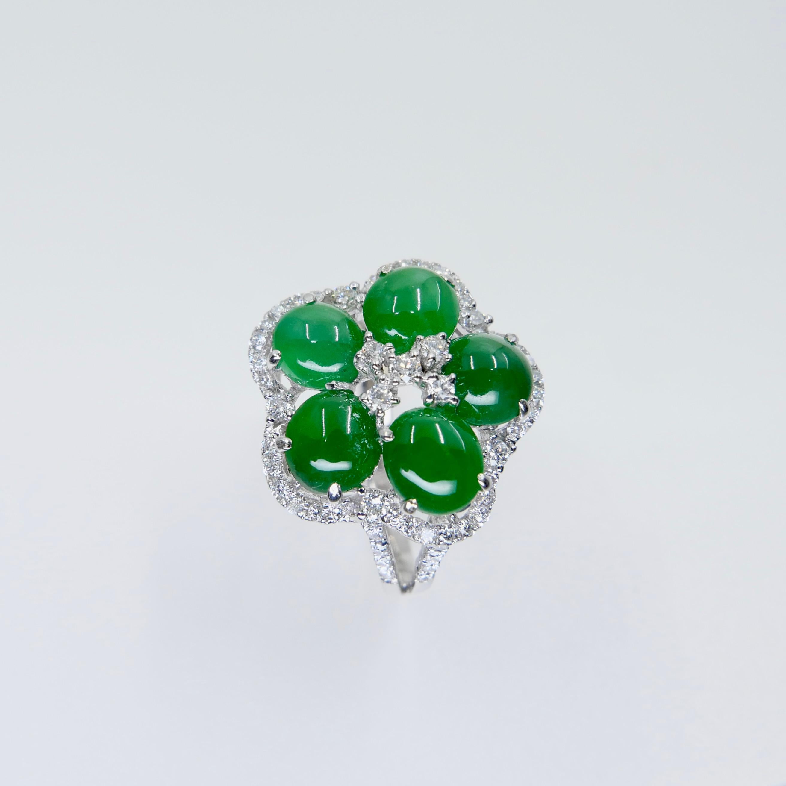 Women's Certified Natural Jade Cluster & Diamond Cocktail Ring. Glowing Imperial Green. For Sale