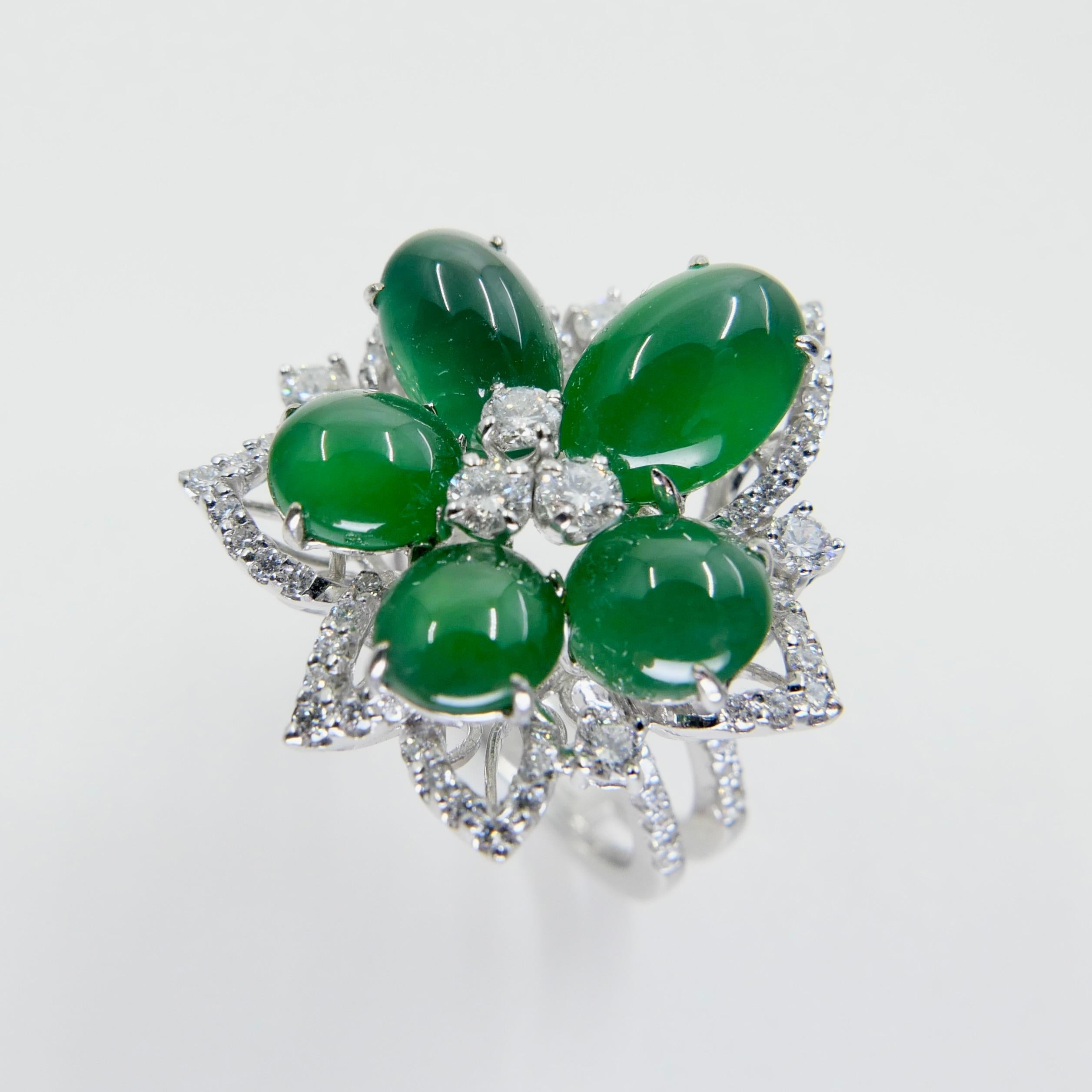 Women's Certified Natural Jade Cluster & Diamond Cocktail Ring. Glowing Imperial Green.