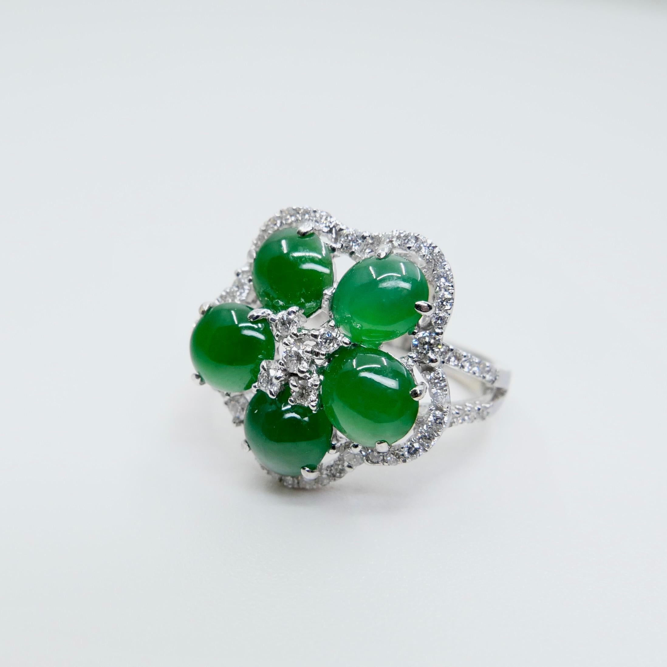 Certified Natural Jade Cluster & Diamond Cocktail Ring. Glowing Imperial Green. For Sale 10