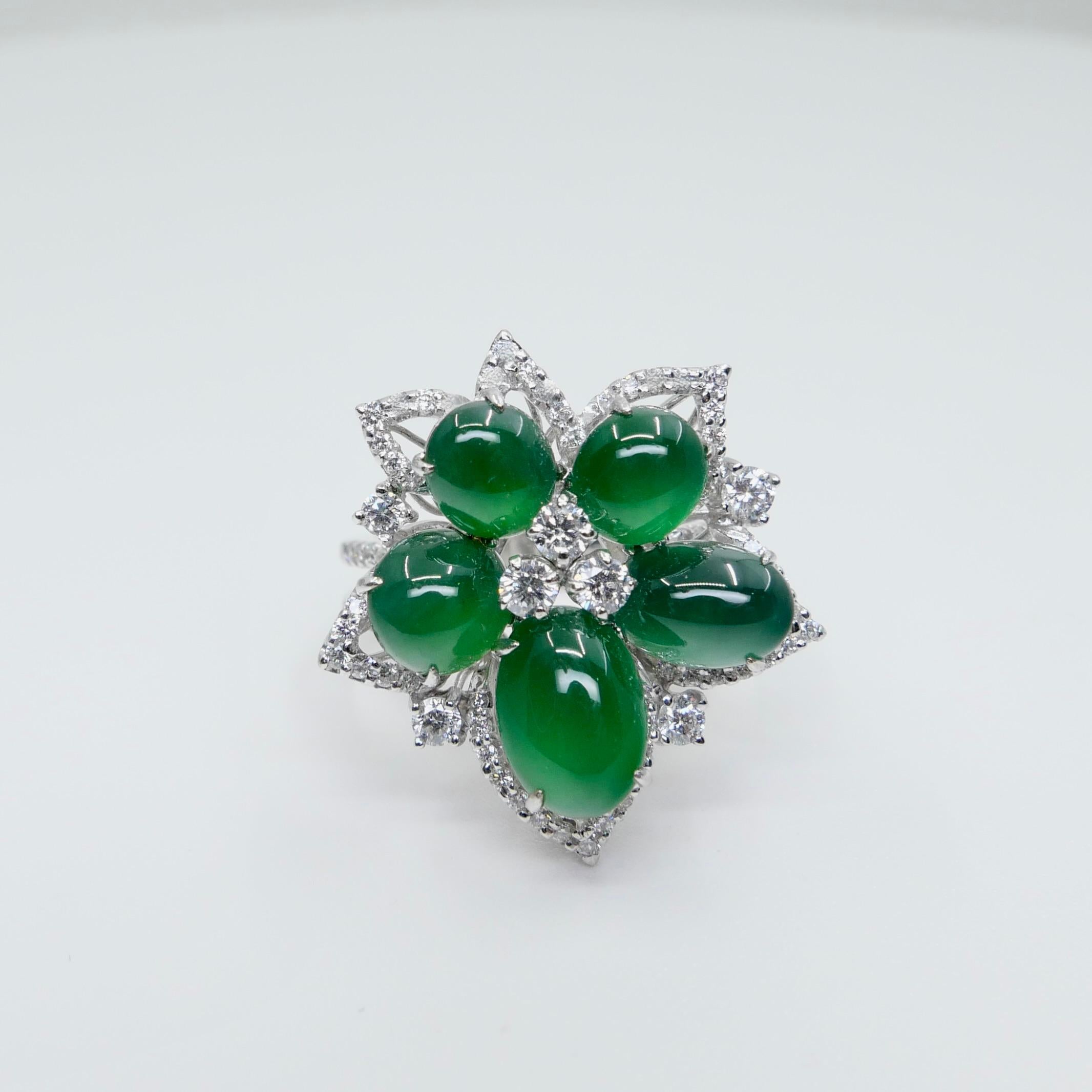 Certified Natural Jade Cluster & Diamond Cocktail Ring. Glowing Imperial Green. 1