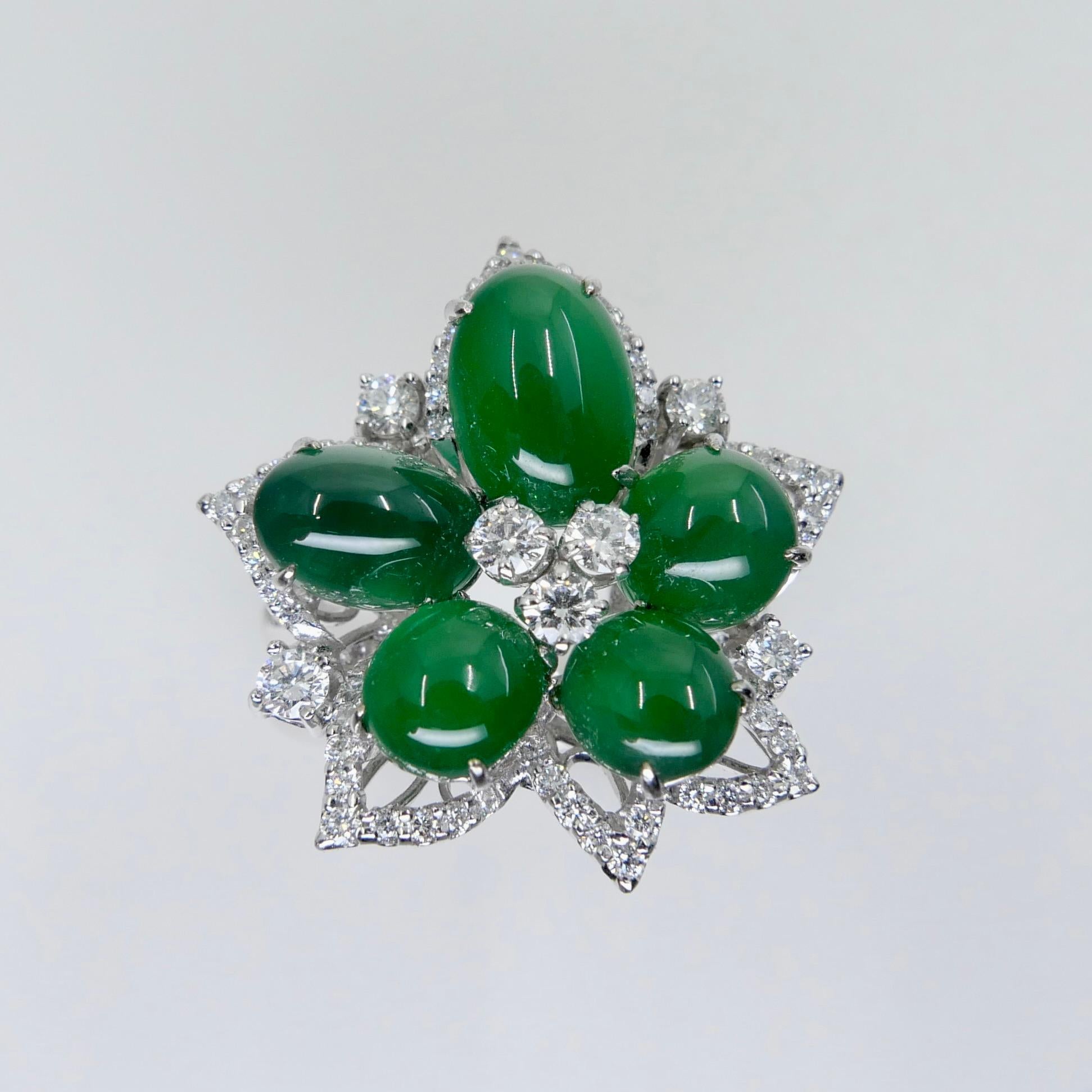 Certified Natural Jade Cluster & Diamond Cocktail Ring. Glowing Imperial Green. 2
