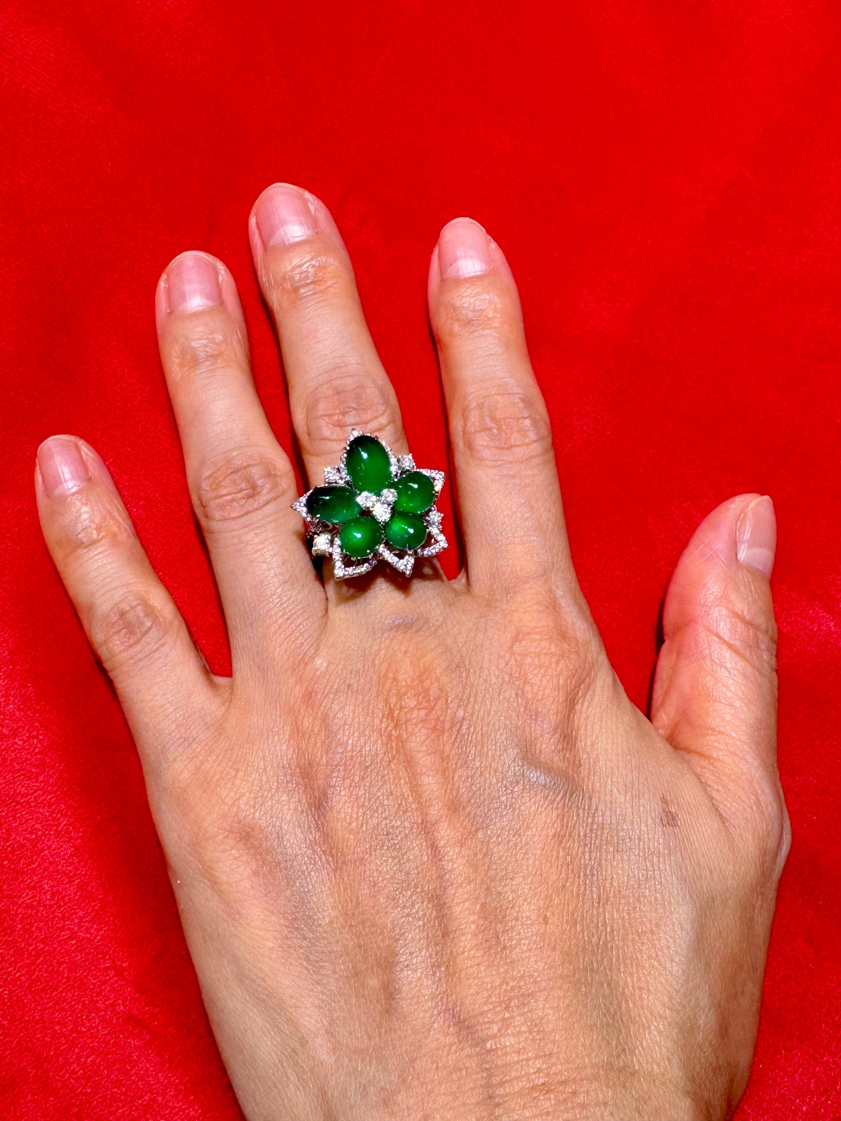 Certified Natural Jade Cluster & Diamond Cocktail Ring. Glowing Imperial Green. 3