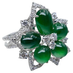 Certified Natural Jade Cluster & Diamond Cocktail Ring. Glowing Imperial Green.