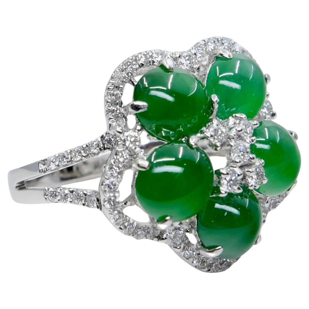 Certified Natural Jade Cluster & Diamond Cocktail Ring. Glowing Imperial Green. For Sale