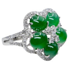 Certified Natural Jade Cluster & Diamond Cocktail Ring. Glowing Imperial Green.
