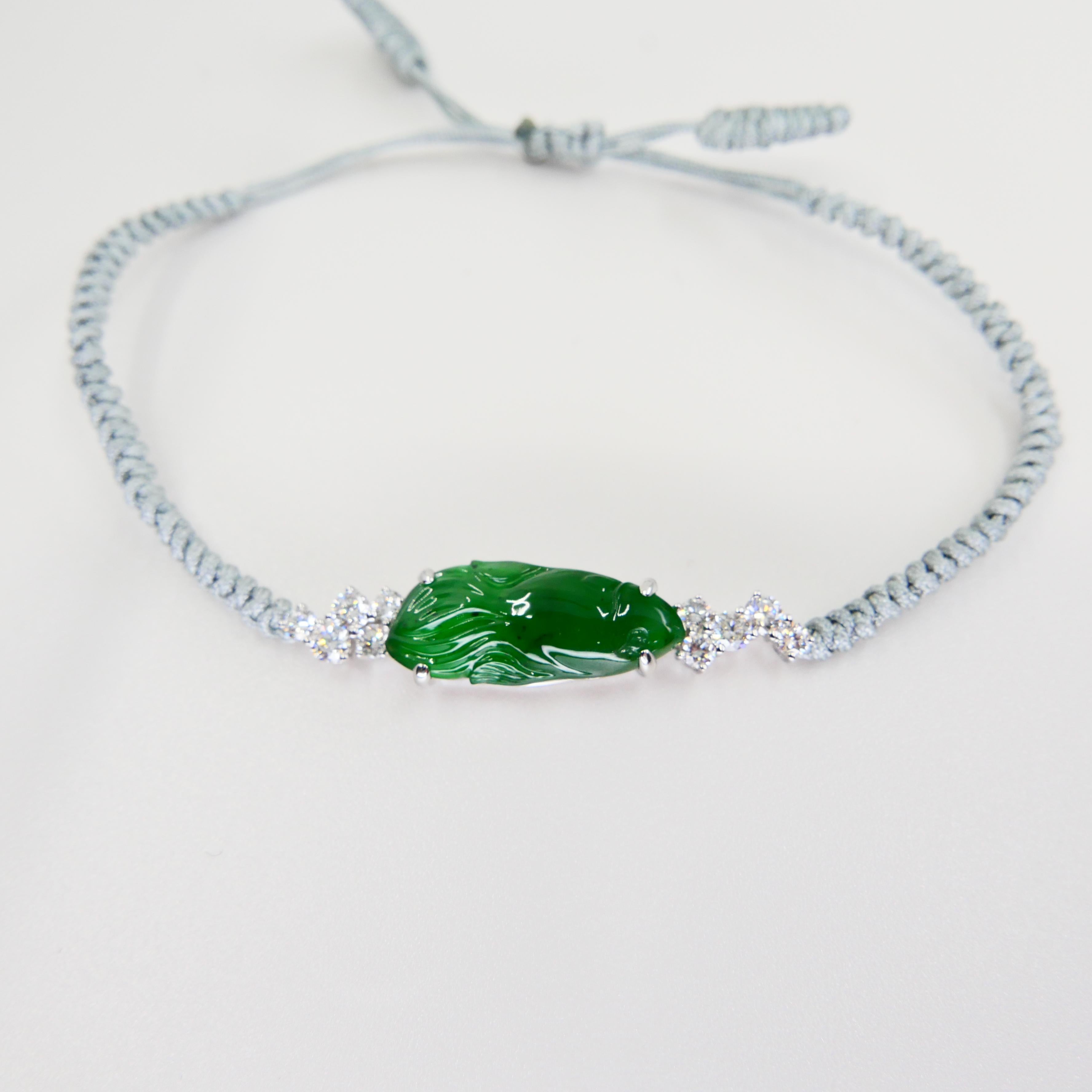 Rough Cut Certified Natural Jade and Diamond Bracelet, Imperial Green, Prosperity Fish For Sale