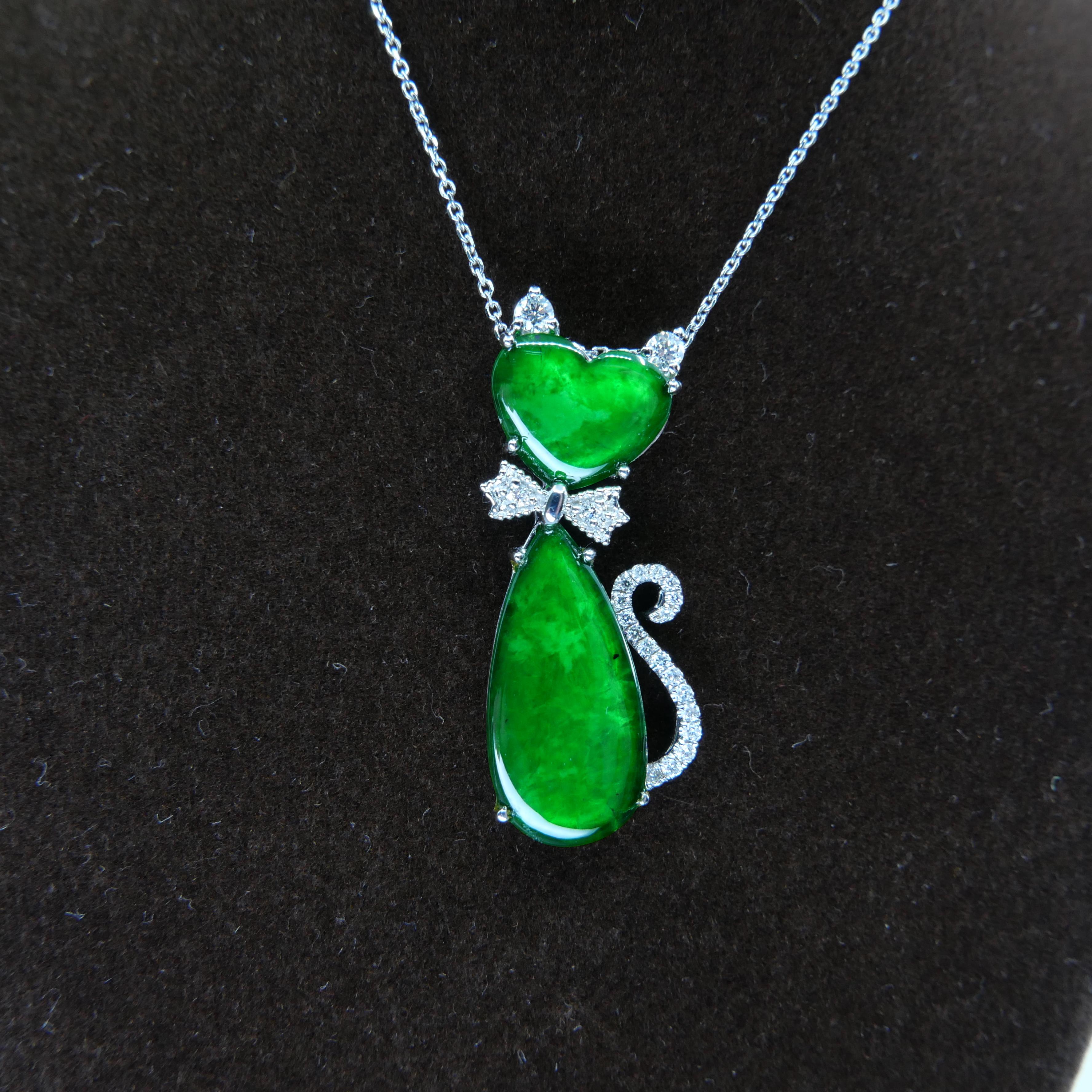 Certified Natural Jade & Diamond Cat Pendant Necklace Glowing Apple Green Color For Sale 6
