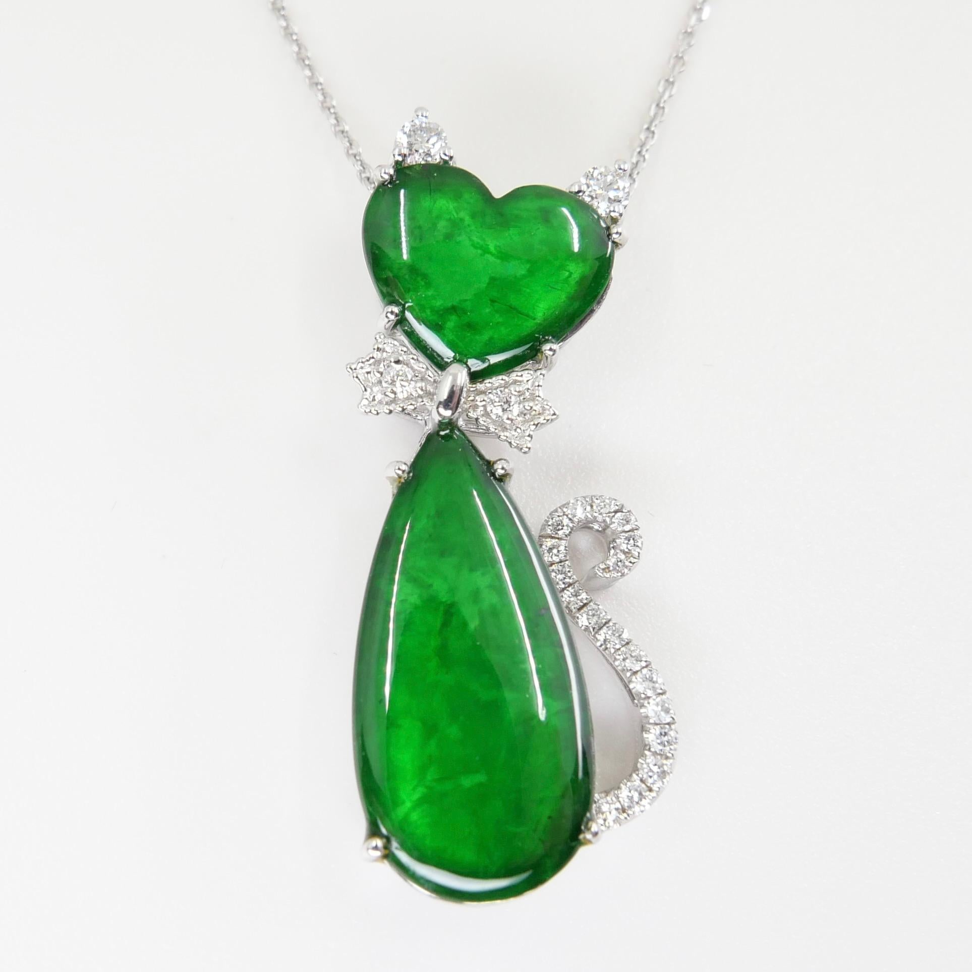 Certified Natural Jade & Diamond Cat Pendant Necklace Glowing Apple Green Color For Sale 8