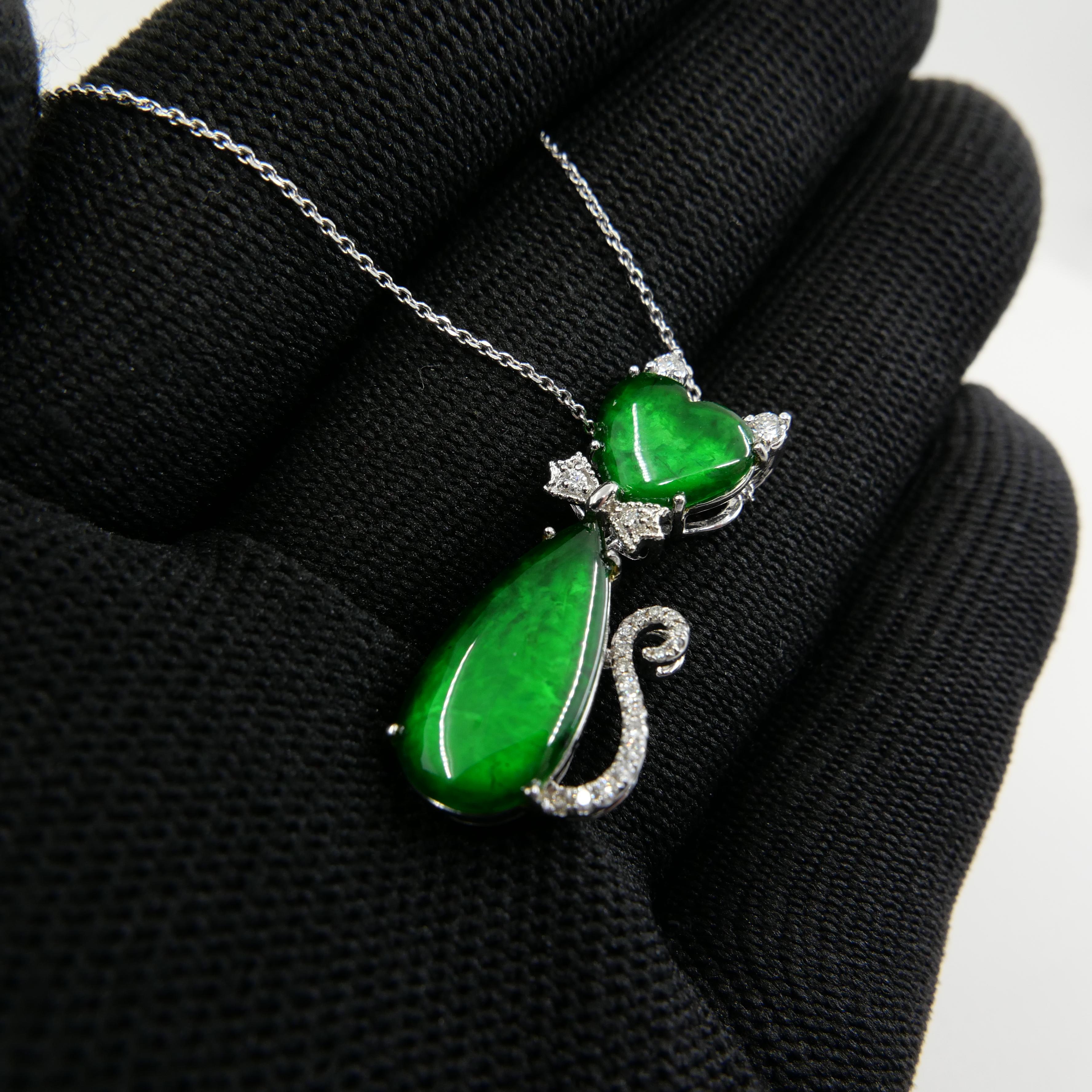 Certified Natural Jade & Diamond Cat Pendant Necklace Glowing Apple Green Color For Sale 9