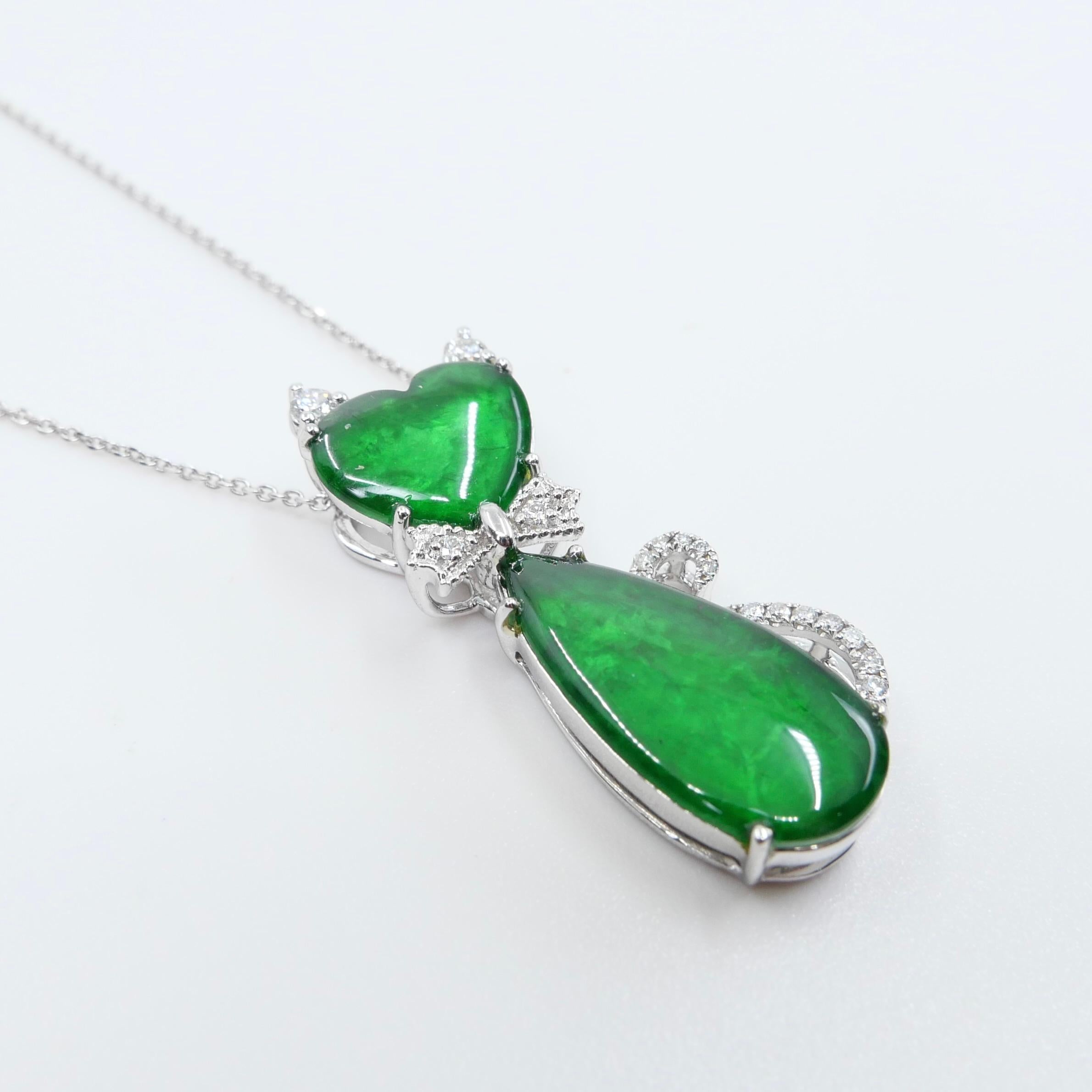 Certified Natural Jade & Diamond Cat Pendant Necklace Glowing Apple Green Color For Sale 7