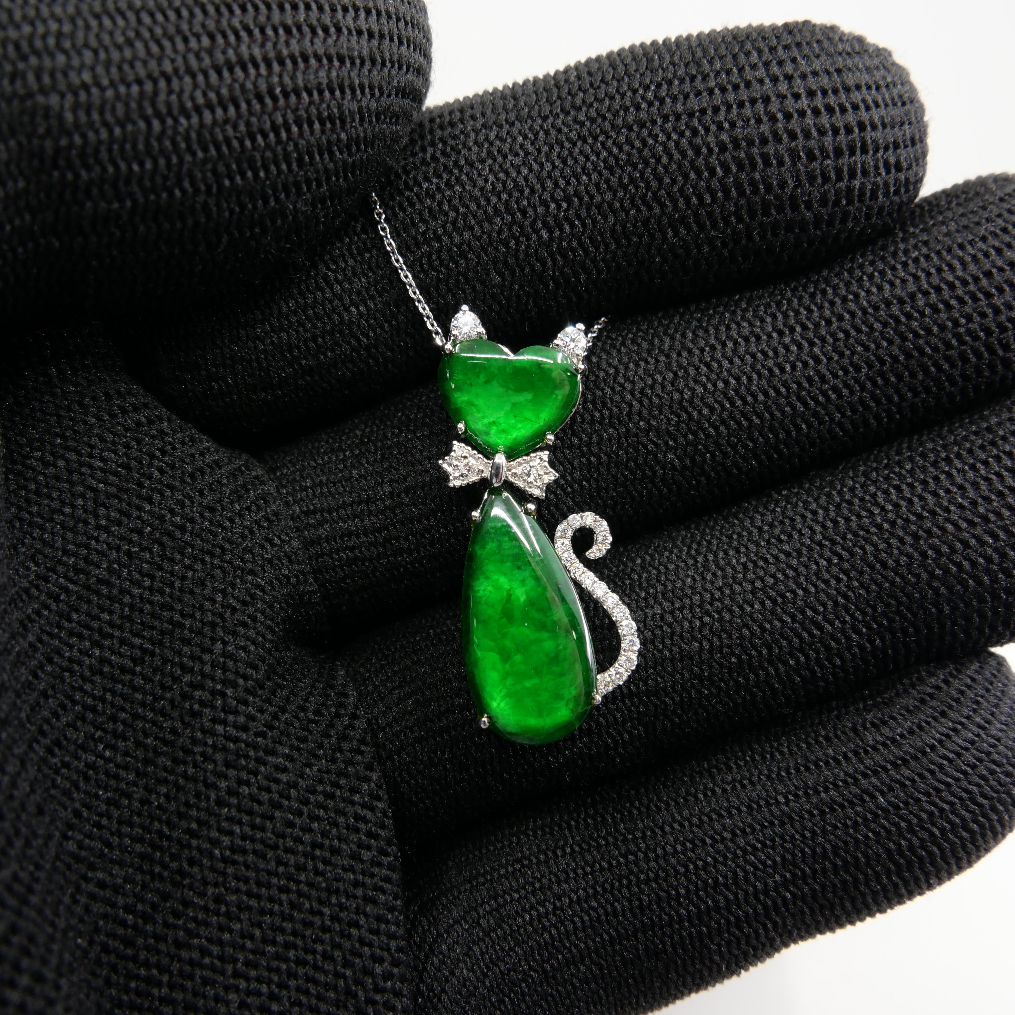 Certified Natural Jade & Diamond Cat Pendant Necklace Glowing Apple Green Color For Sale 11