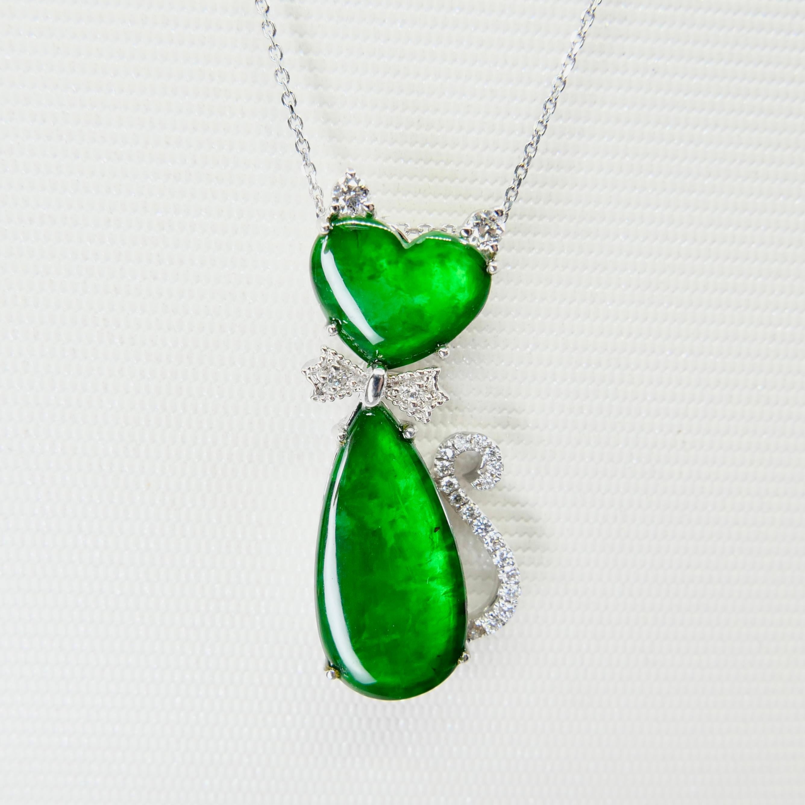 Heart Cut Certified Natural Jade & Diamond Cat Pendant Necklace Glowing Apple Green Color For Sale
