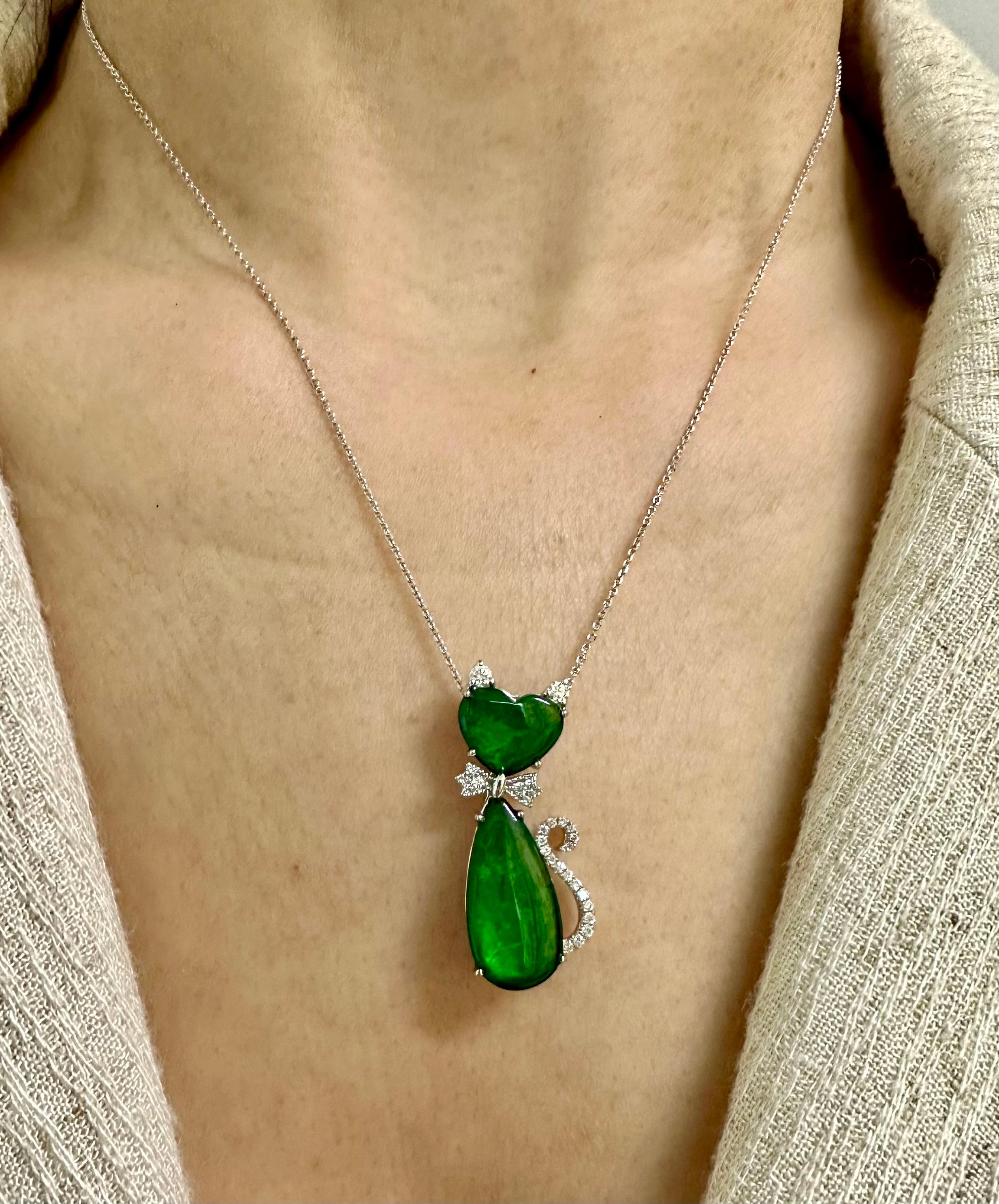 Women's Certified Natural Jade & Diamond Cat Pendant Necklace Glowing Apple Green Color For Sale