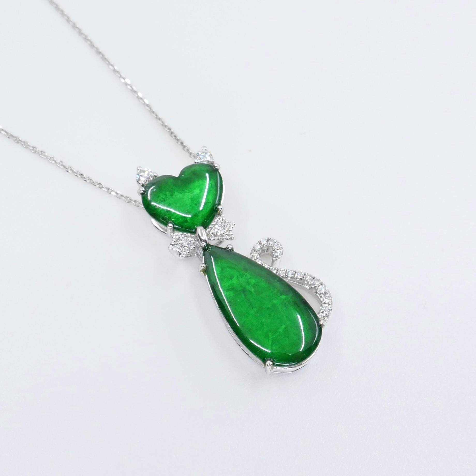 Certified Natural Jade & Diamond Cat Pendant Necklace Glowing Apple Green Color For Sale 1
