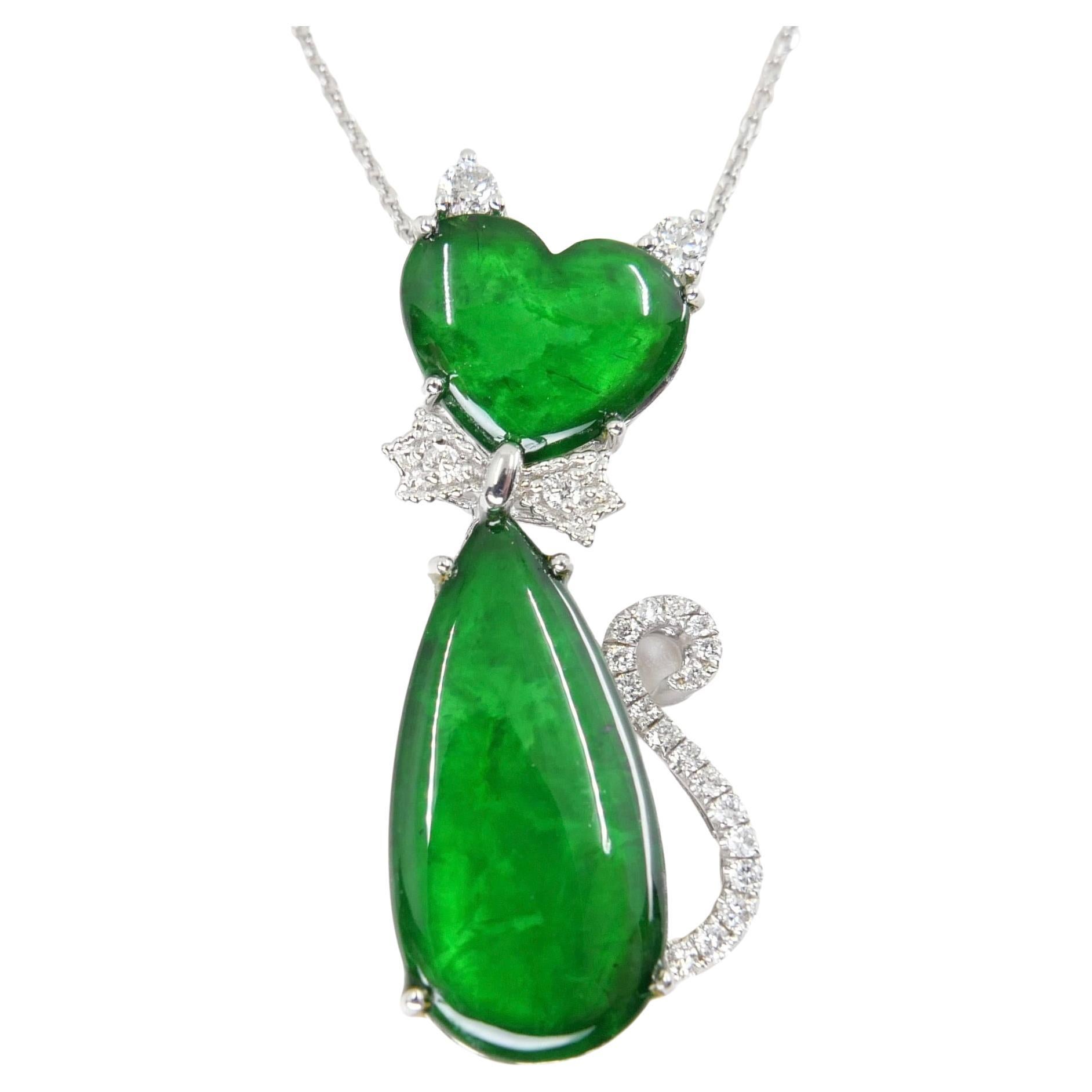 Certified Natural Jade & Diamond Cat Pendant Necklace Glowing Apple Green Color For Sale 5