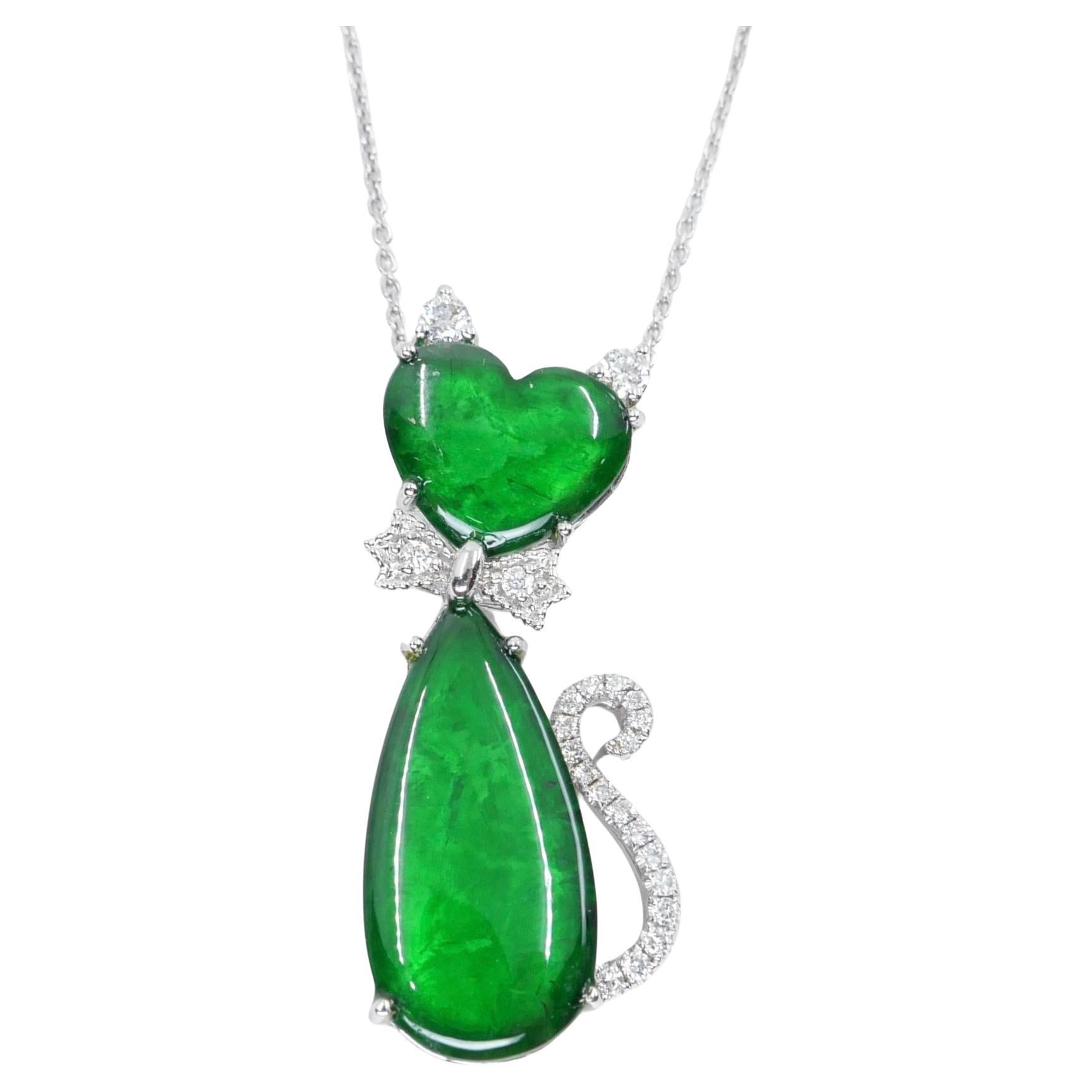 Certified Natural Jade & Diamond Cat Pendant Necklace Glowing Apple Green Color