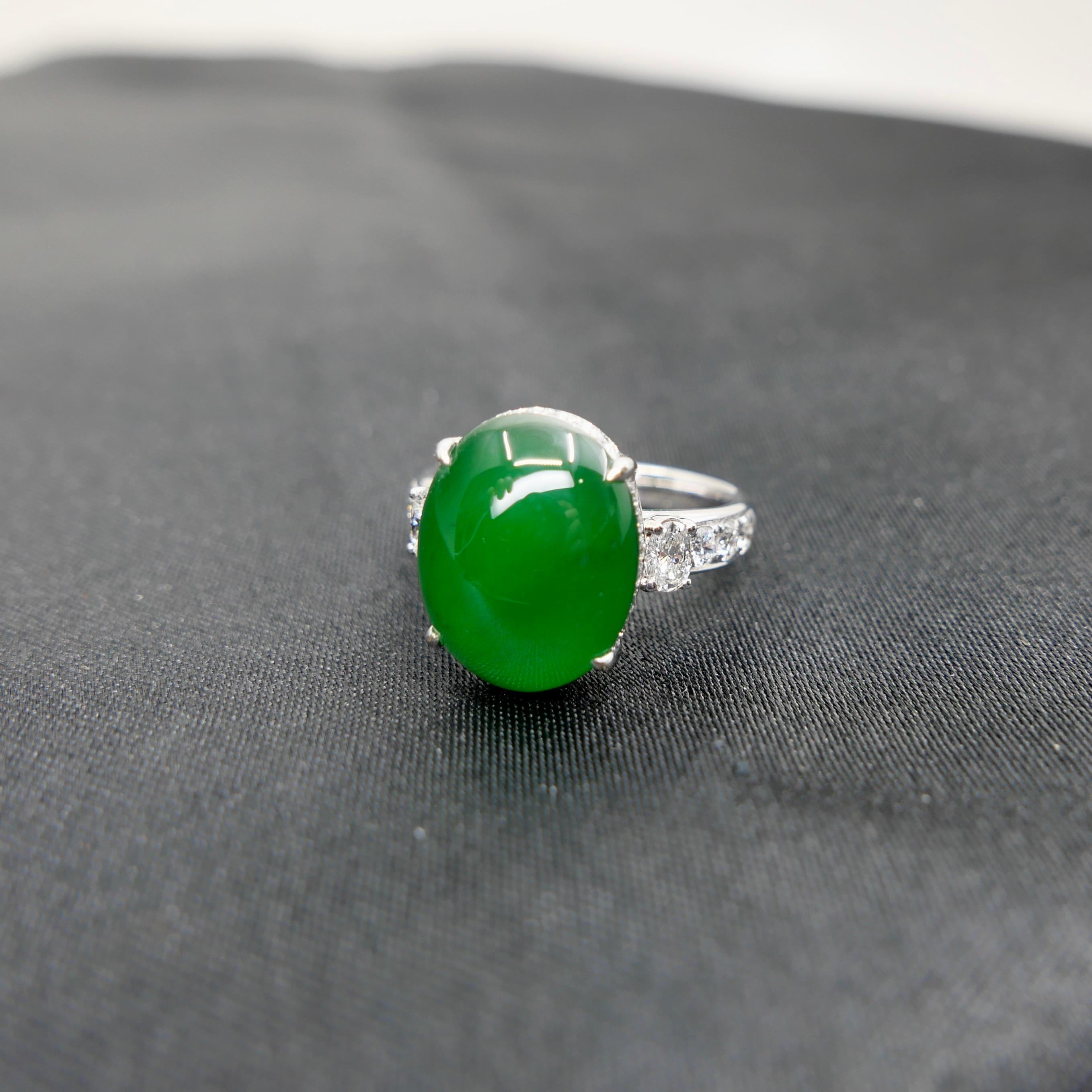 Certified Natural Jade, & Diamond Cocktail Ring. Best Imperial Green! For Sale 7