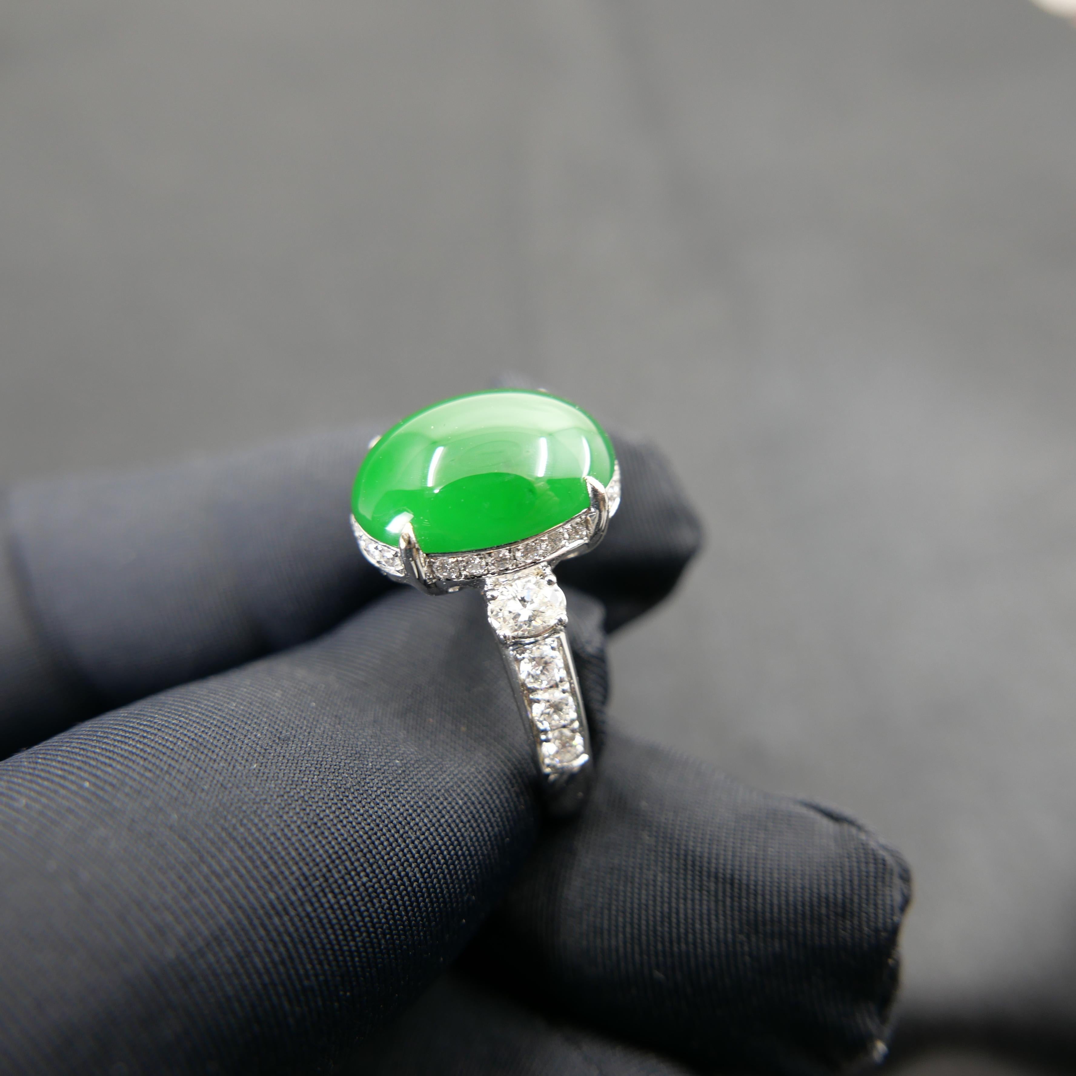 Certified Natural Jade, & Diamond Cocktail Ring. Best Imperial Green! For Sale 9