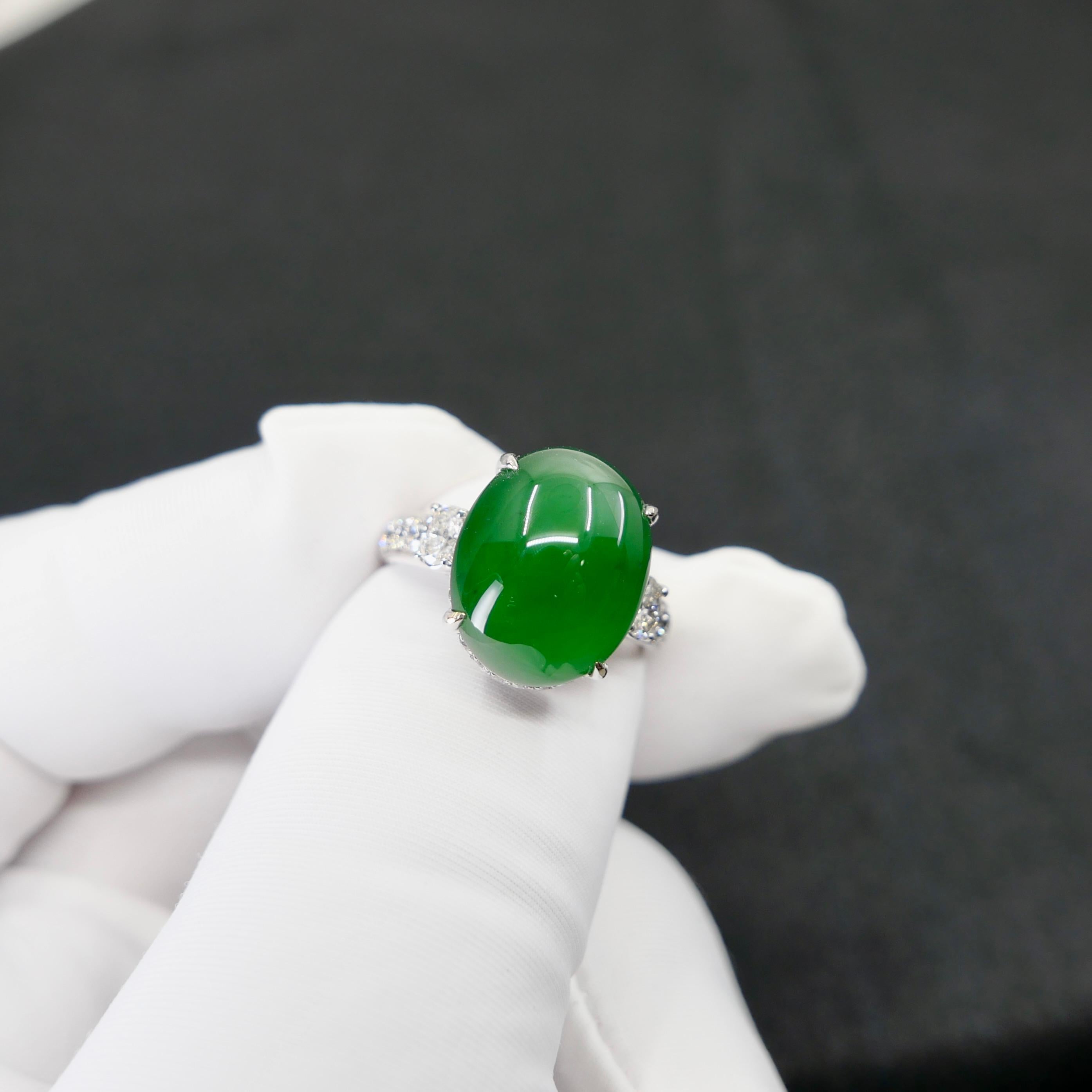 Certified Natural Jade, & Diamond Cocktail Ring. Best Imperial Green! For Sale 11