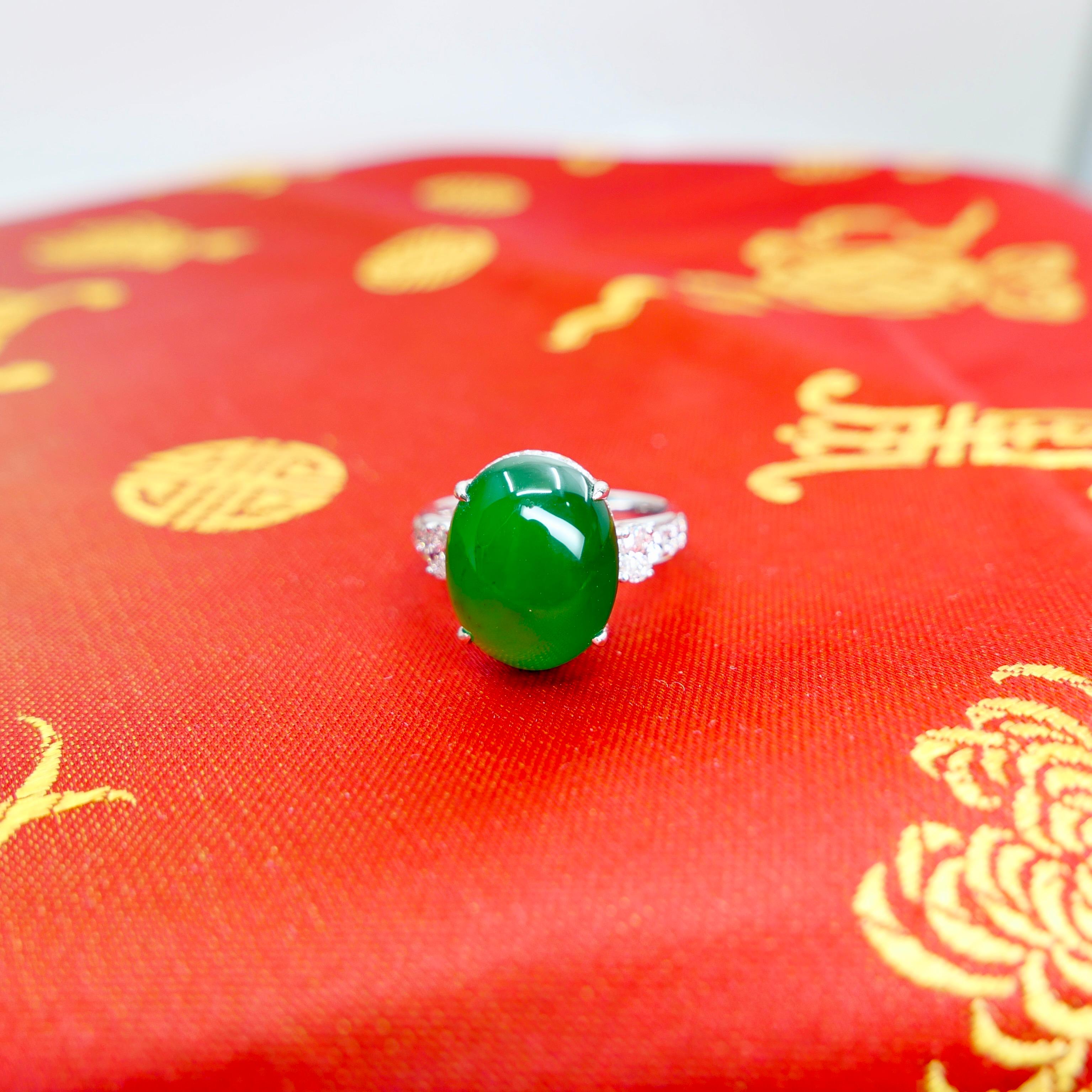 Women's Certified Natural Jade, & Diamond Cocktail Ring. Best Imperial Green! For Sale