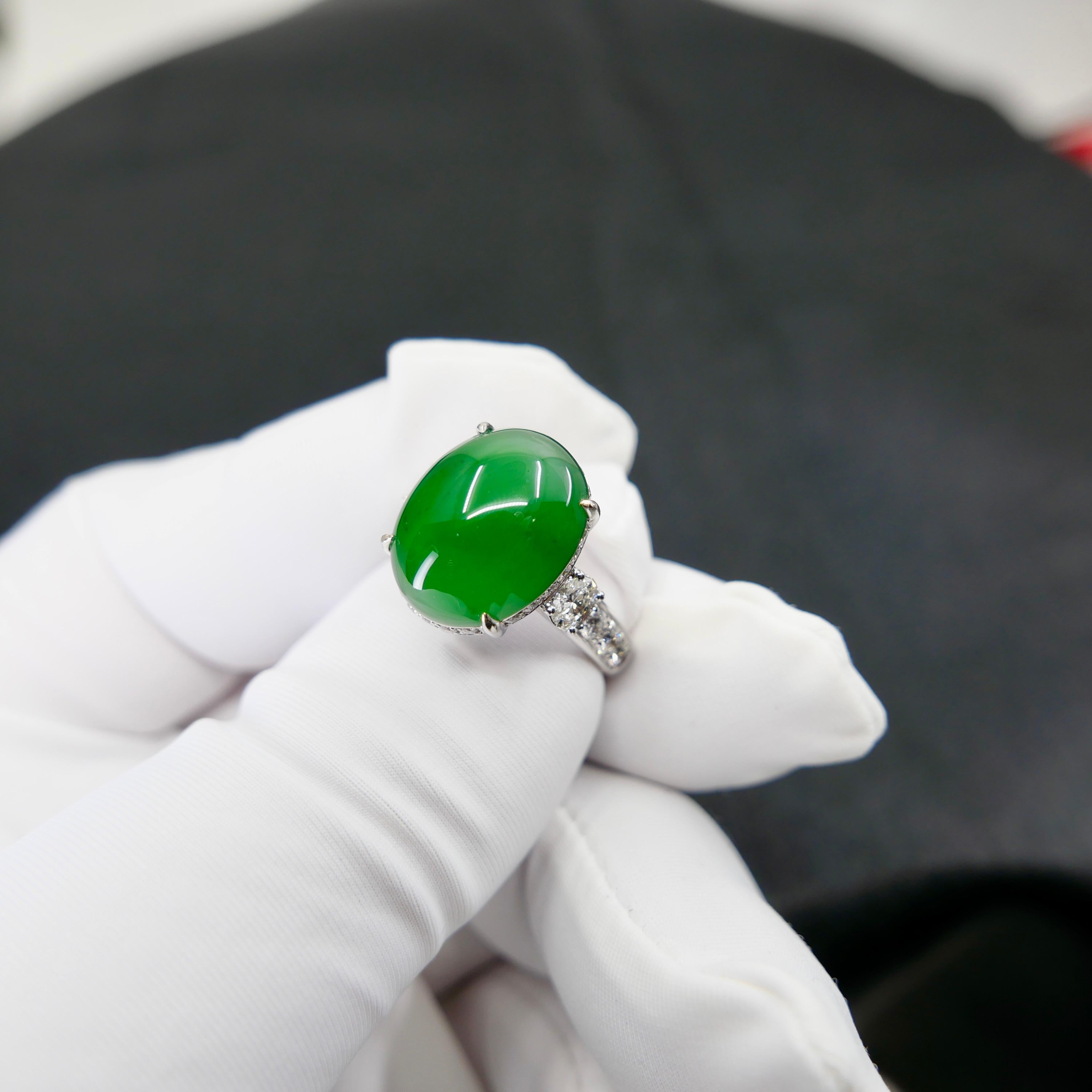 Certified Natural Jade, & Diamond Cocktail Ring. Best Imperial Green! For Sale 1