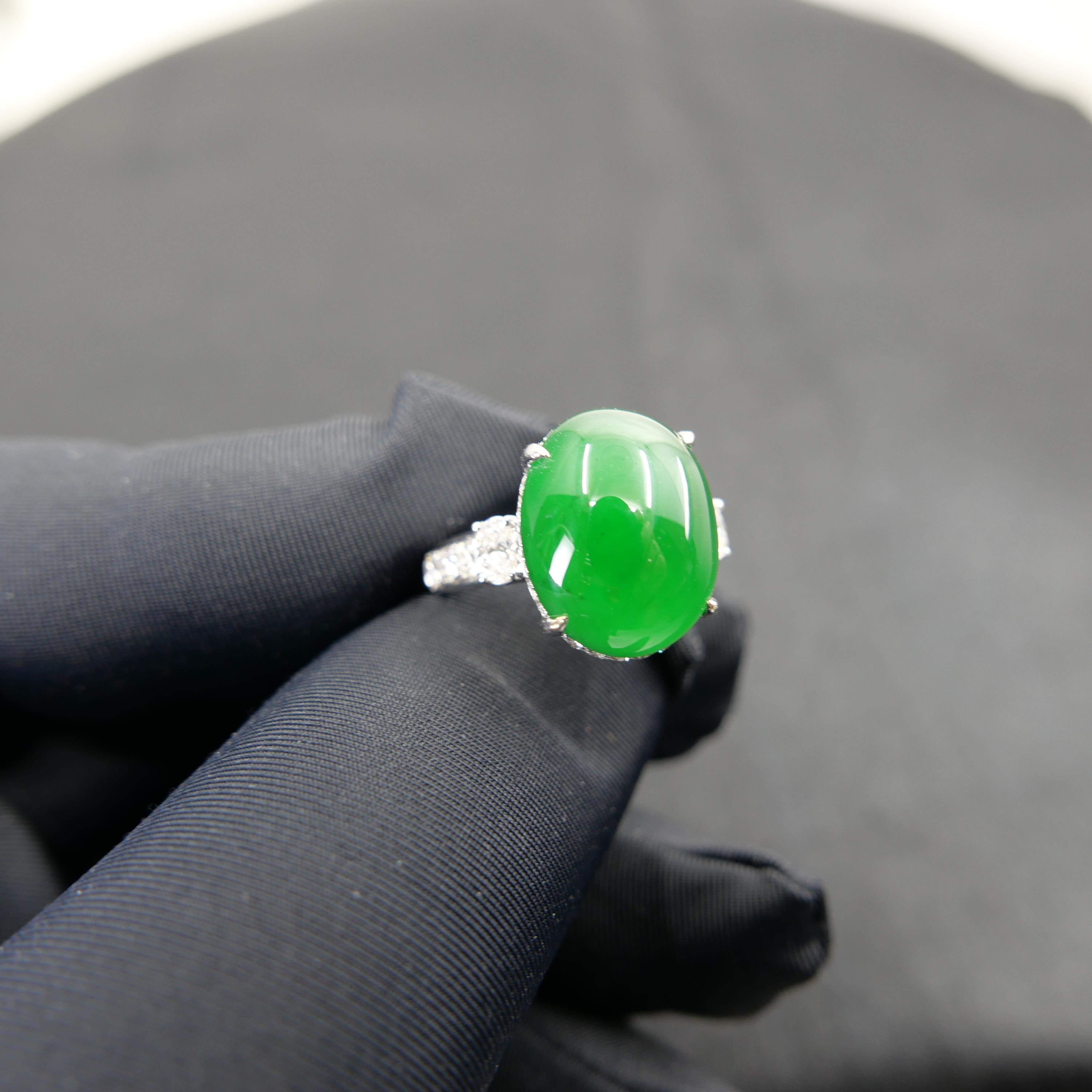 Certified Natural Jade, & Diamond Cocktail Ring. Best Imperial Green! For Sale 2