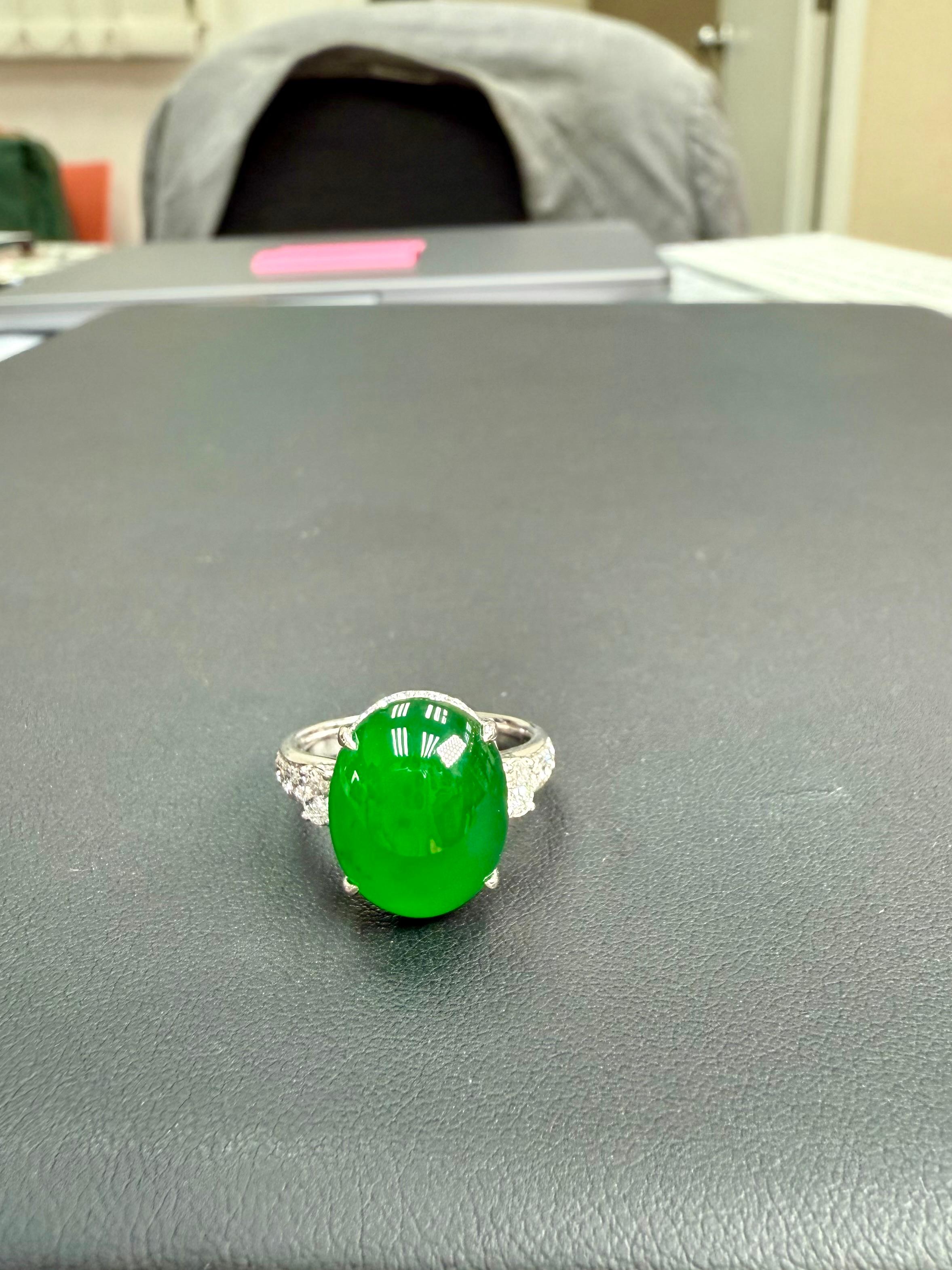 Certified Natural Jade, & Diamond Cocktail Ring. Best Imperial Green! For Sale 3