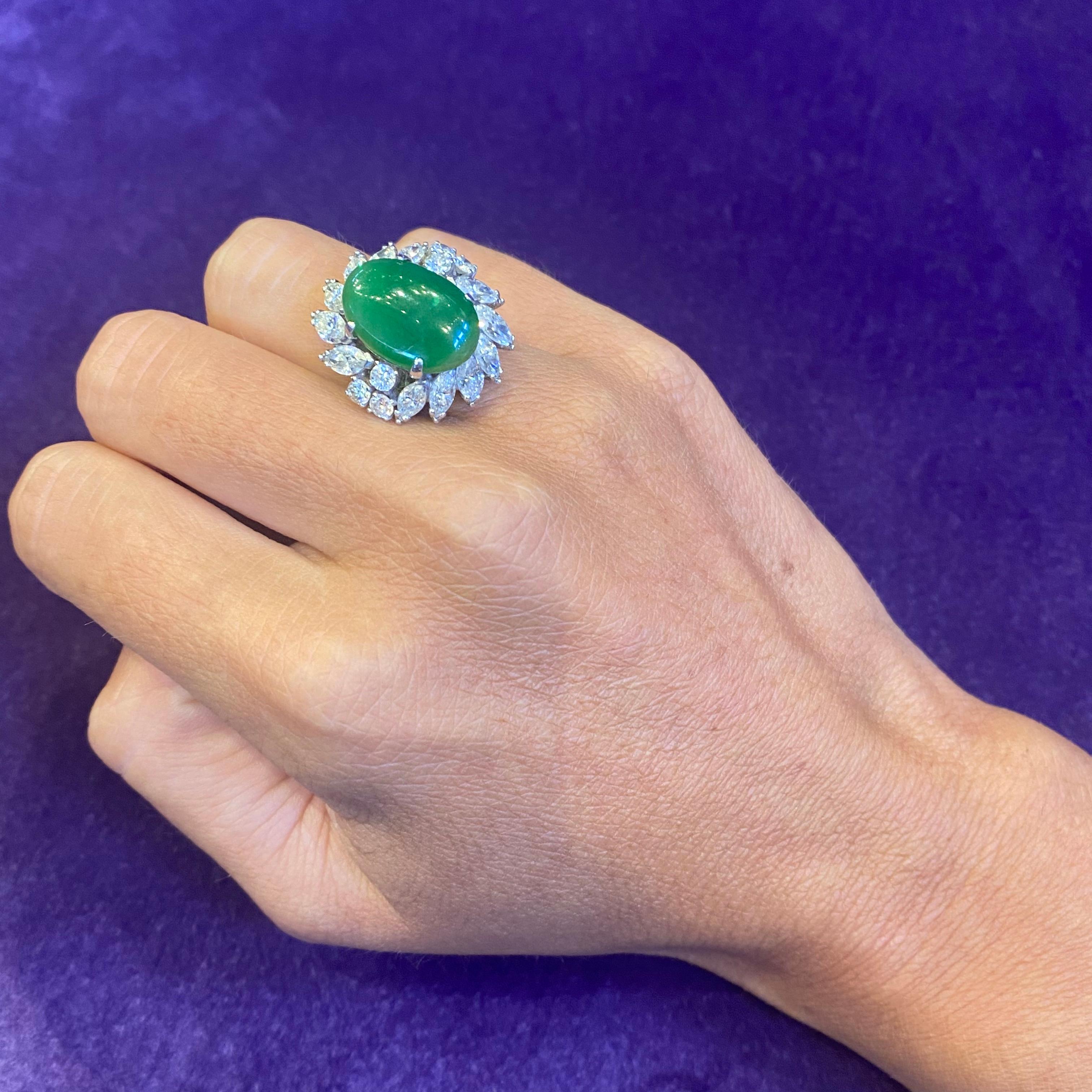 Cabochon Certified Natural Jade & Diamond Cocktail Ring For Sale