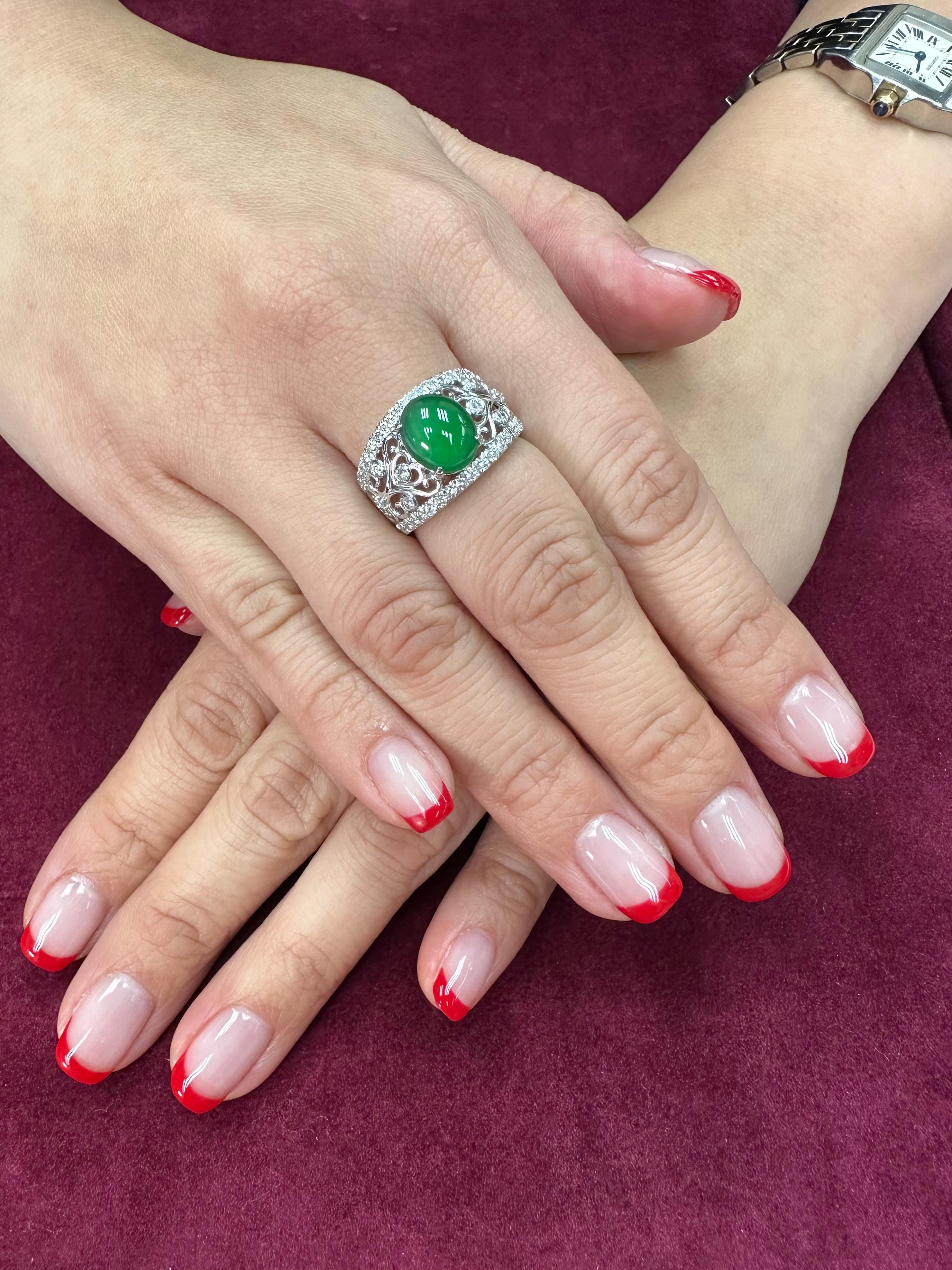 Certified Natural Jade & Diamond Cocktail Ring, Imperial Green with Super Glow! For Sale 1