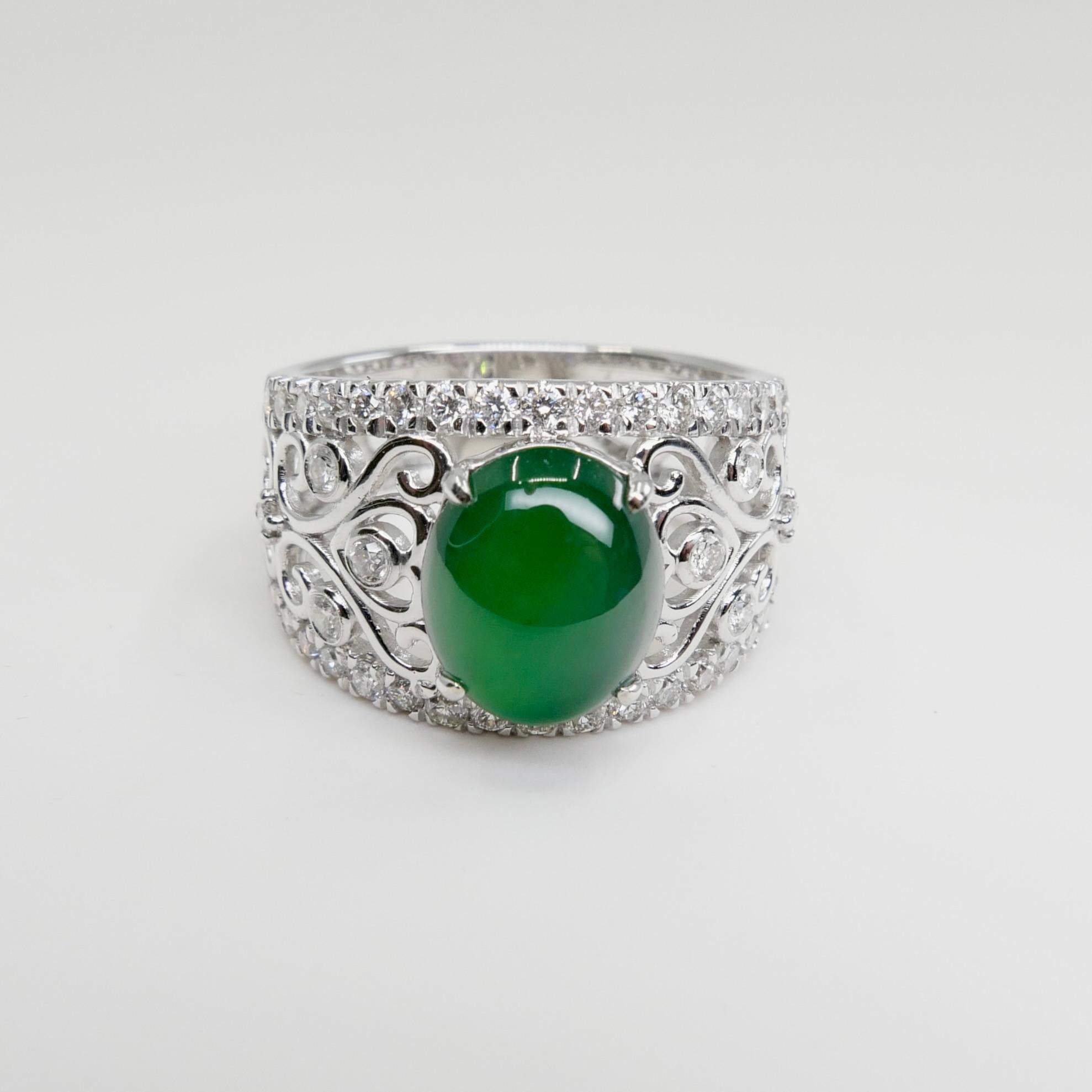 Contemporary Certified Natural Jade & Diamond Cocktail Ring, Imperial Green with Super Glow! For Sale