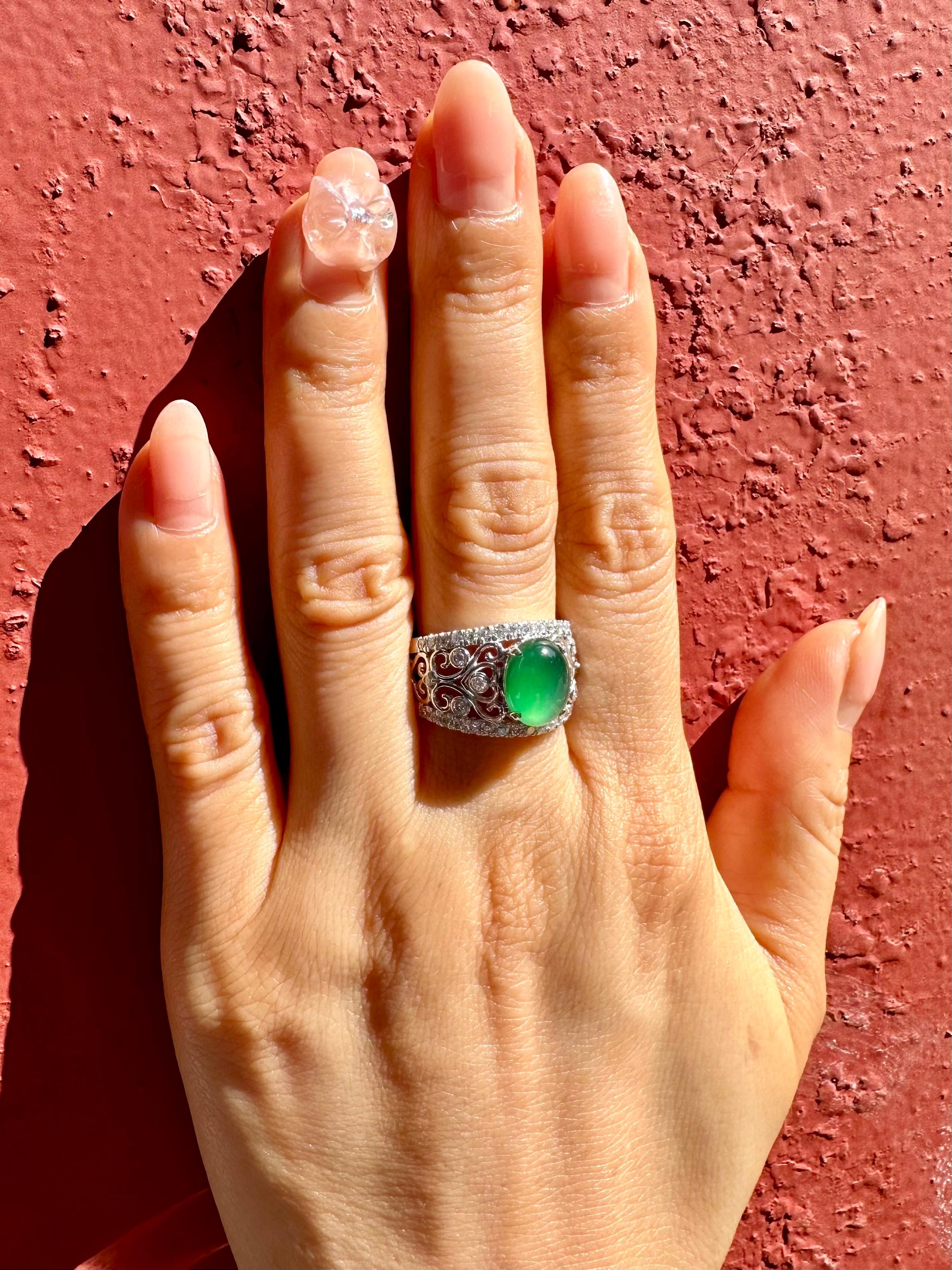 Certified Natural Jade & Diamond Cocktail Ring, Imperial Green with Super Glow! For Sale 3
