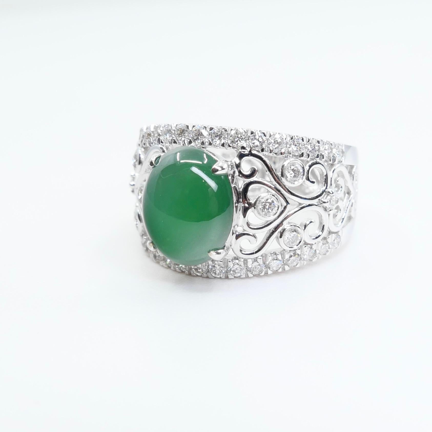 Certified Natural Jade & Diamond Cocktail Ring, Imperial Green with Super Glow! For Sale 6