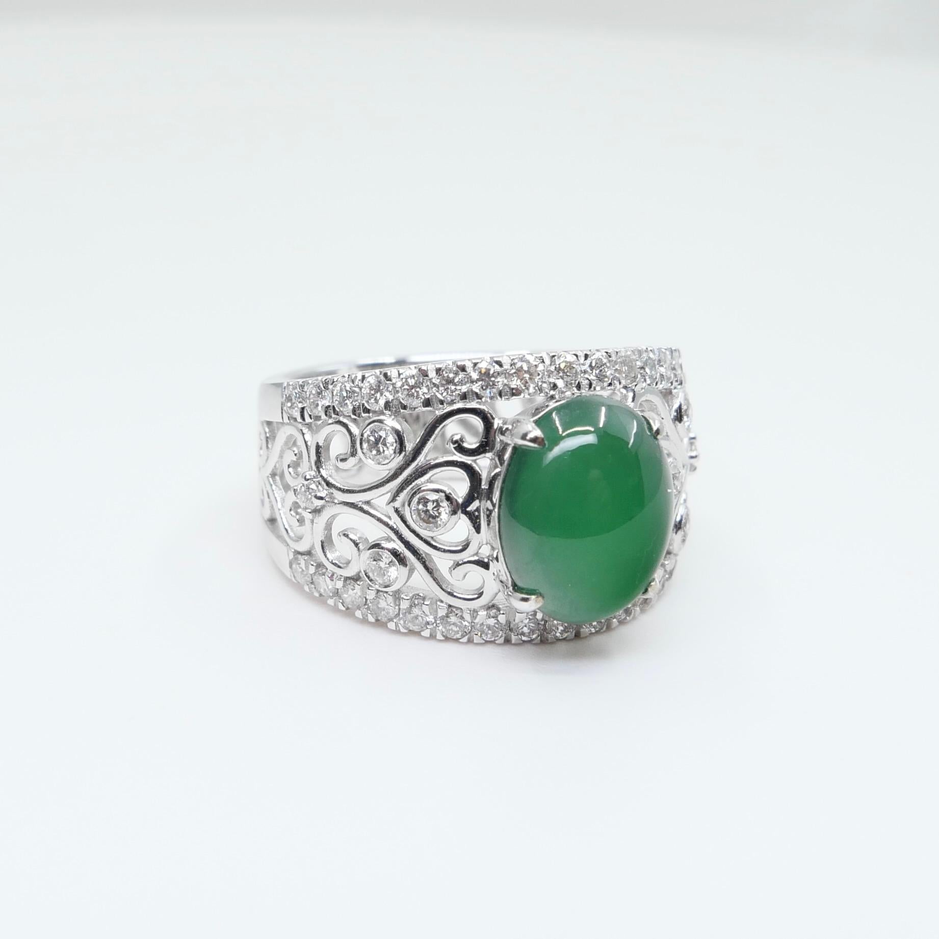 Certified Natural Jade & Diamond Cocktail Ring, Imperial Green with Super Glow! For Sale 8