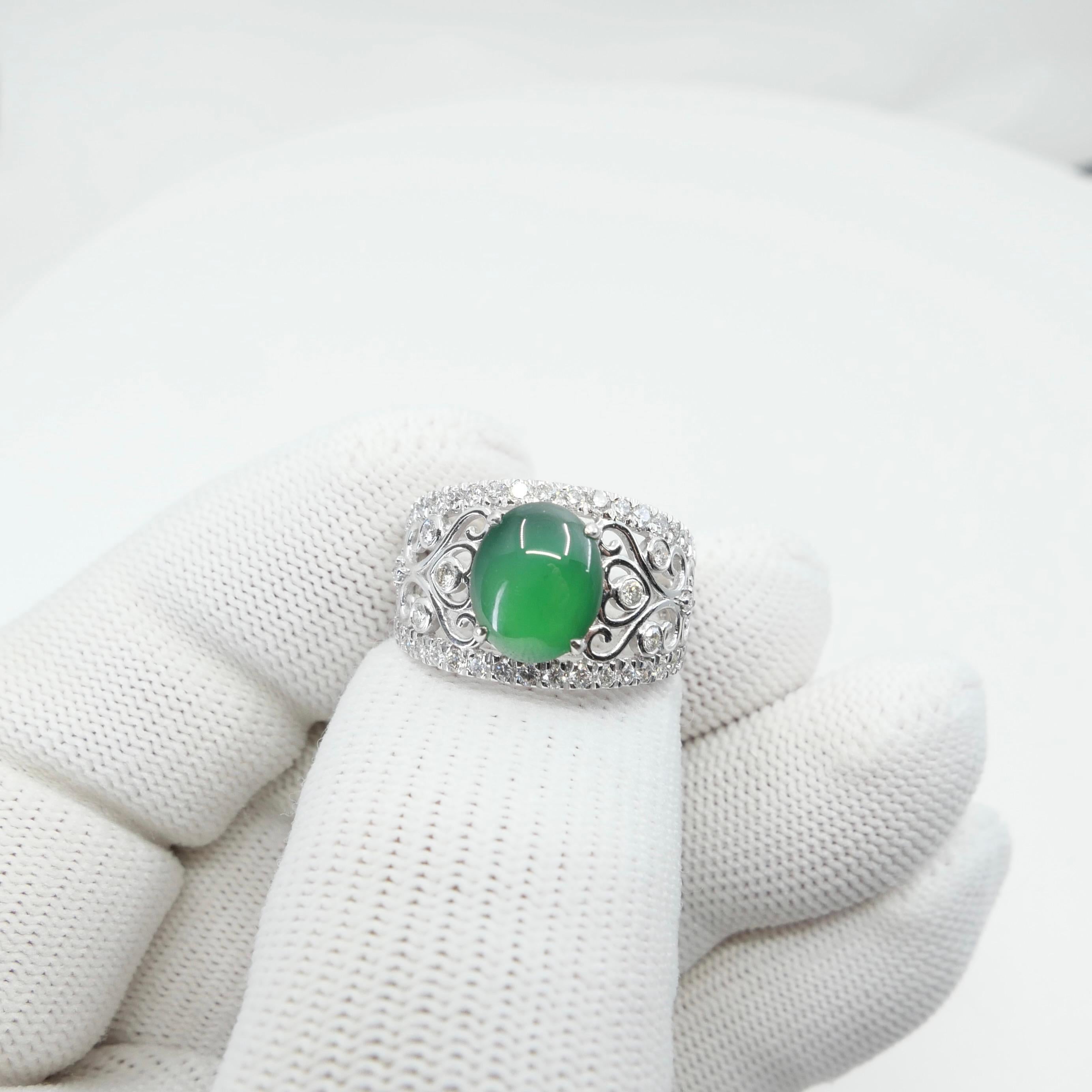 Certified Natural Jade & Diamond Cocktail Ring, Imperial Green with Super Glow! For Sale 2