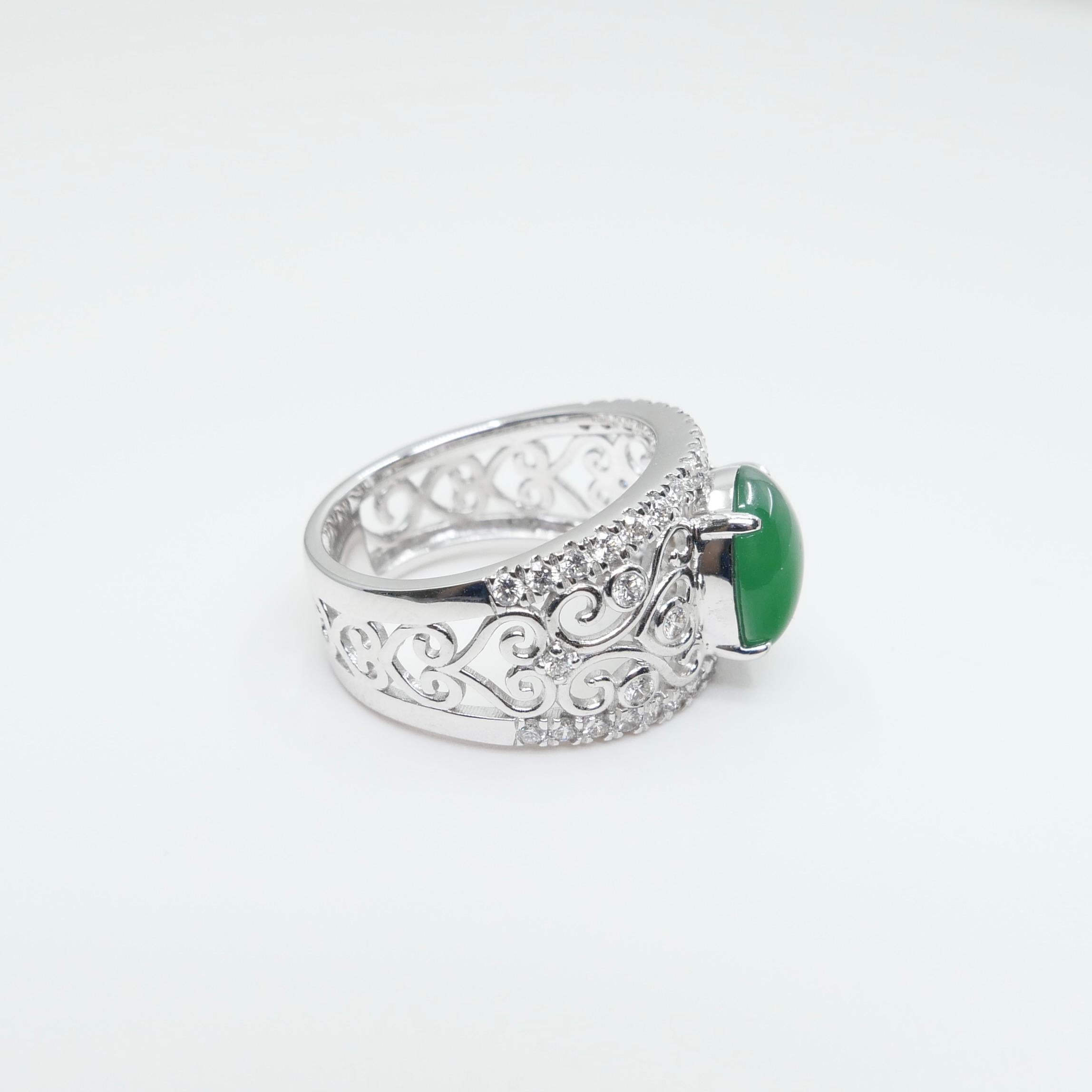 Certified Natural Jade & Diamond Cocktail Ring, Imperial Green with Super Glow! For Sale 10