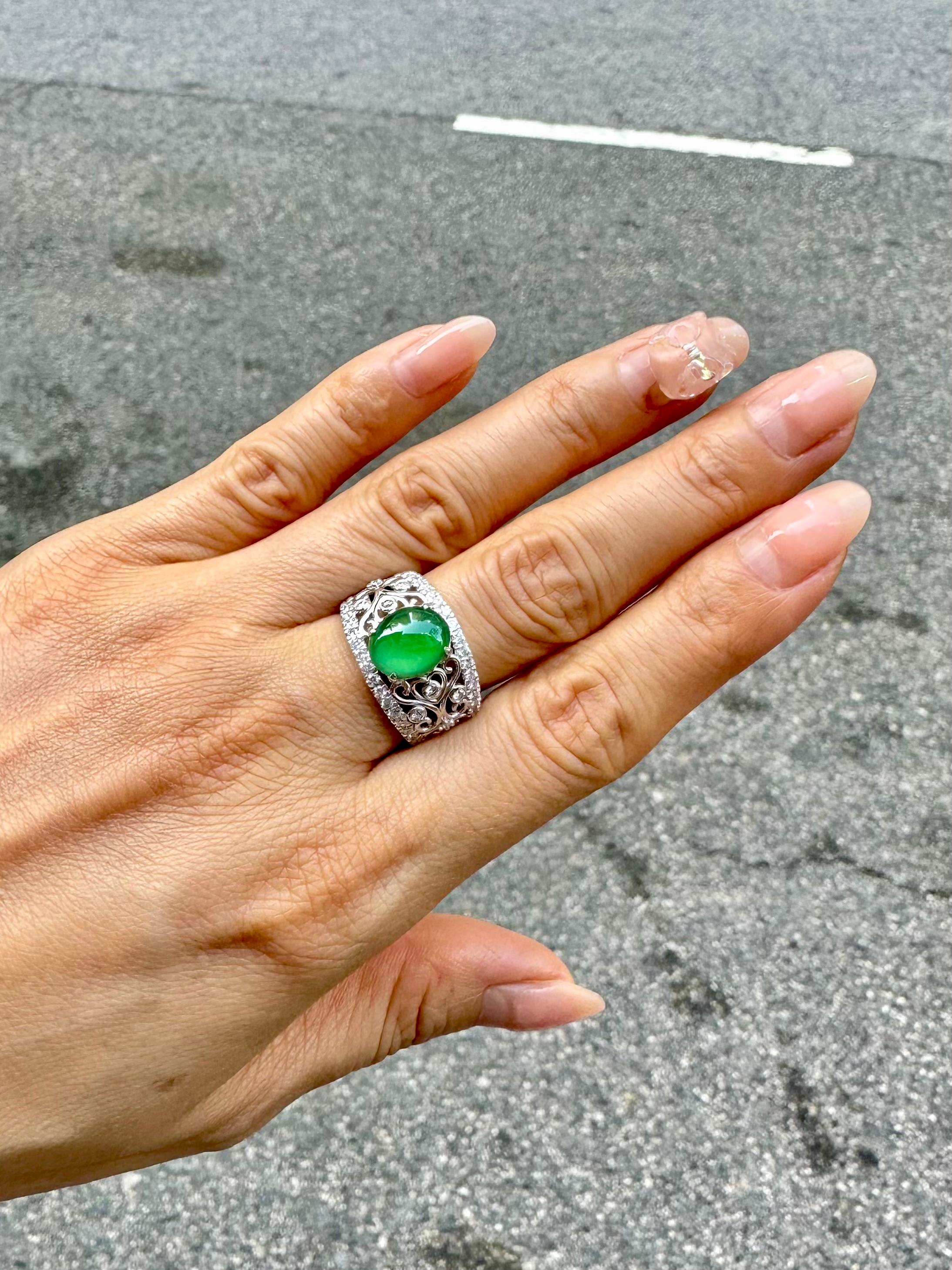 Oval Cut Certified Natural Jade & Diamond Cocktail Ring, Imperial Green with Super Glow! For Sale